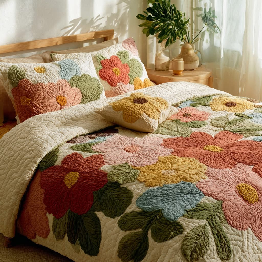 Retro Daisy Patchwork Quilted Bedding Set Cute Floral Bedspread Set Gifts For Daughters