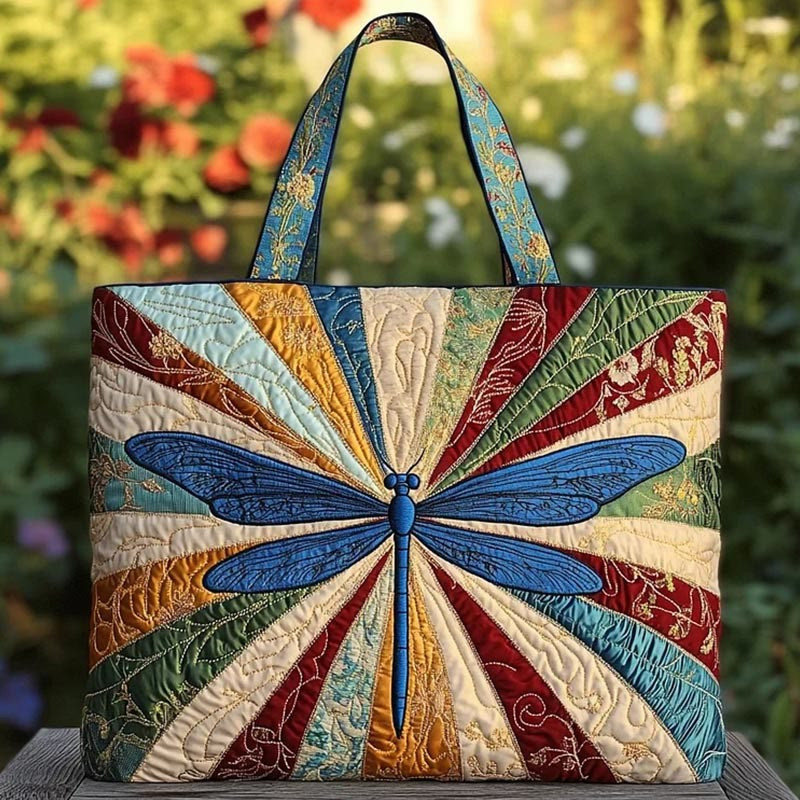 Retro Floral Dragonfly Quilted Tote Bag Colorful Butterfly And Flower Bag Gift For Men