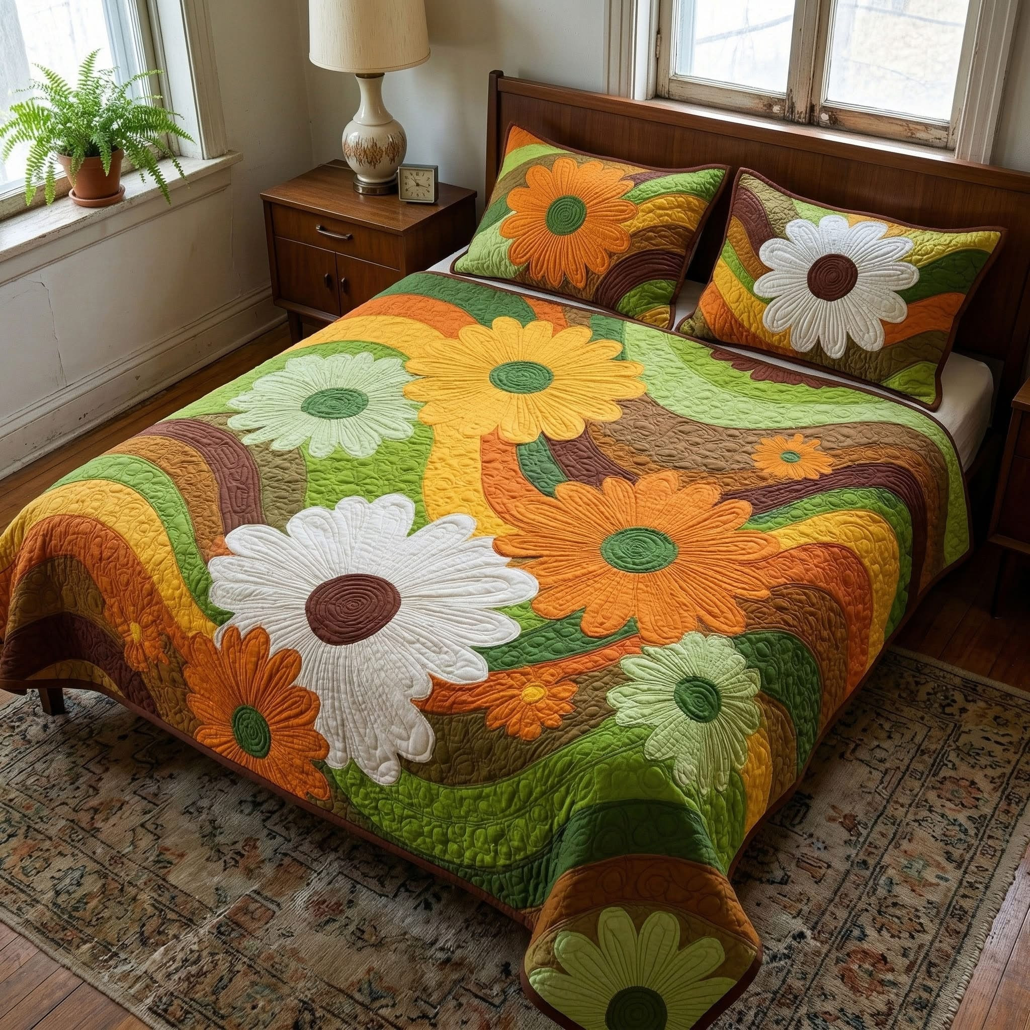 Retro Floral Waves Quilted Bedding Set Bedroom Room Decor Birthday Presents For Mom Ideas