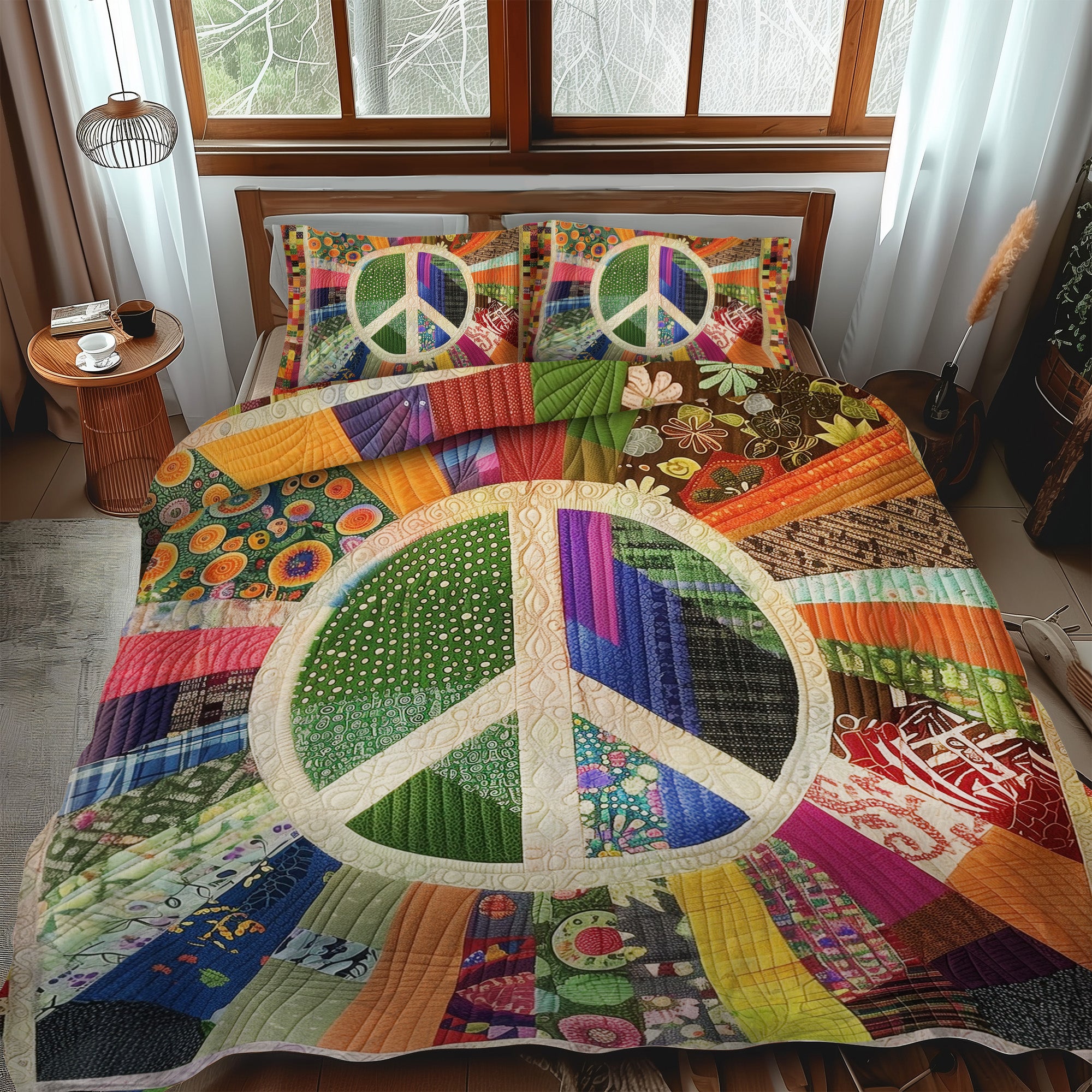 Retro Peace Sign Quilted Bedding Set Best Sheet Sets Wedding Gifts For Hippies