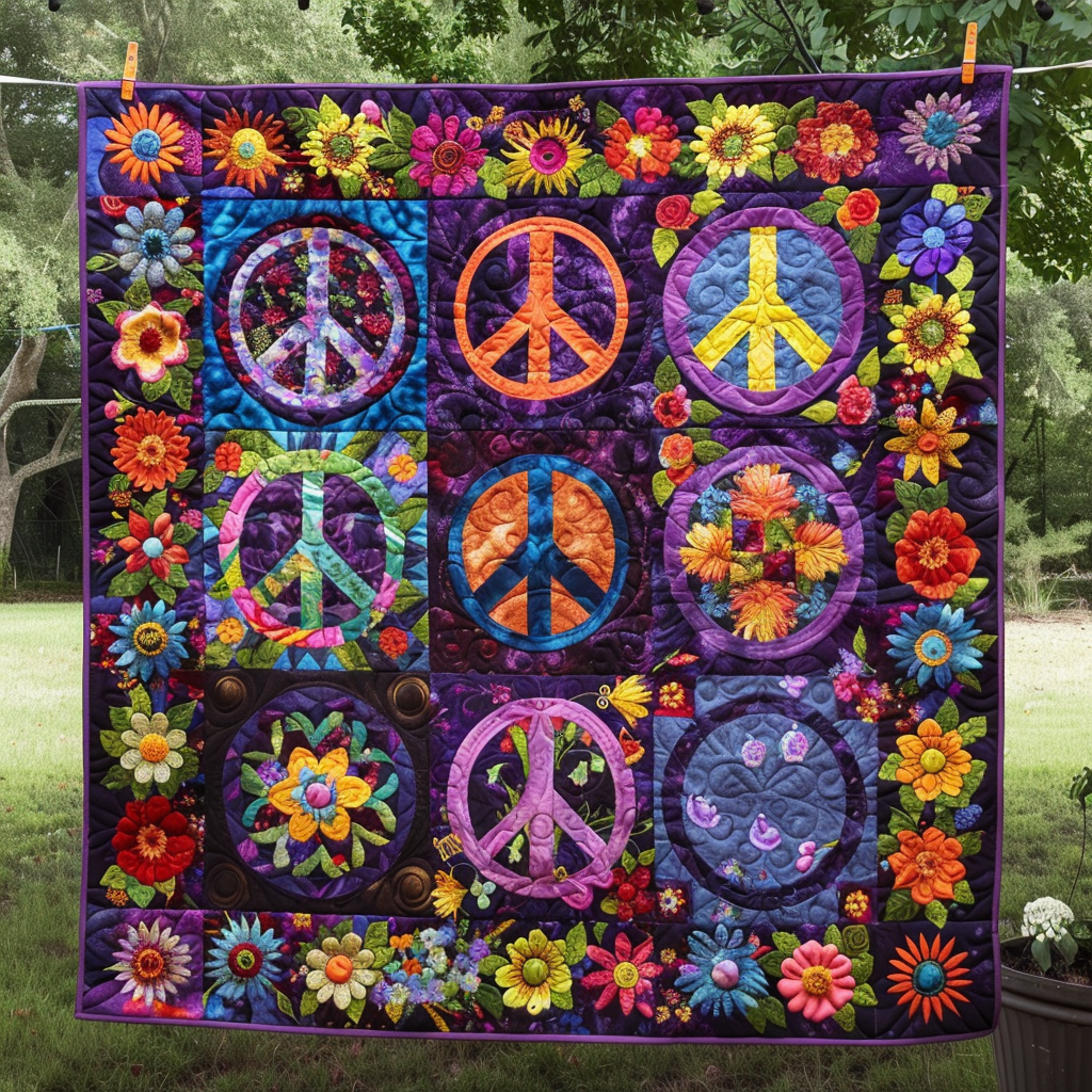 Retro Peace Symbols Quilted Blanket Bedspread Quilts Best Gift Ideas For Mom