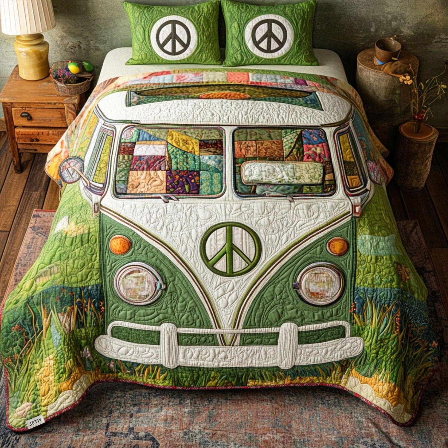Retro Roadster Bliss Quilted Bedding Set Bed Decor Ideas Gifts For Hippie Dad