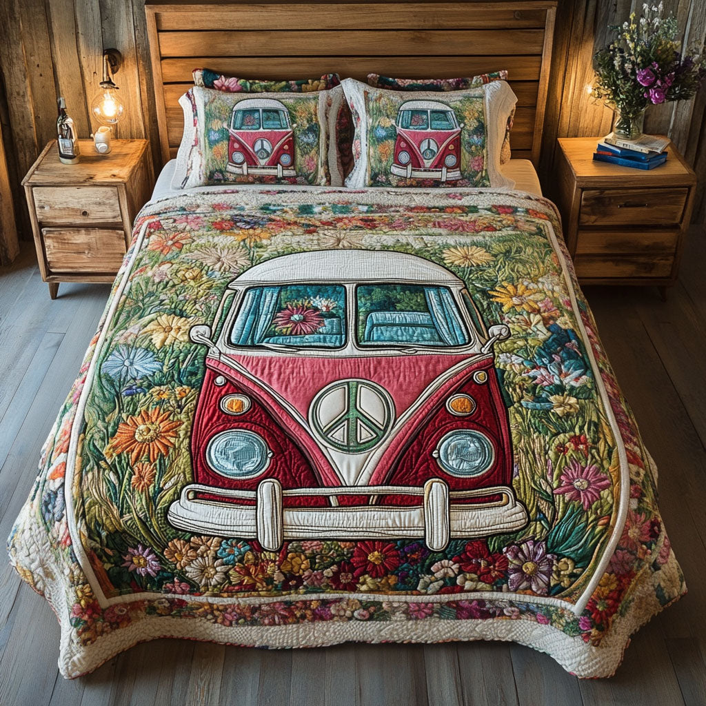 Retro Van Escape Quilted Bedding Set Cute Boho Comforter Sets Gifts For Hippie Sister