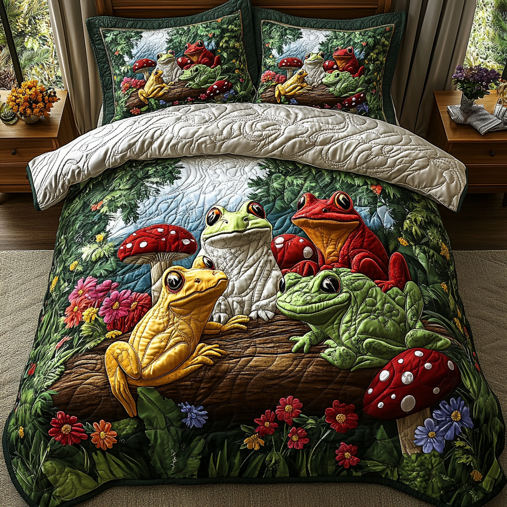 Ribbit Radiance Quilted Bedding Set Best Bedsheets Frog Gifts For Her