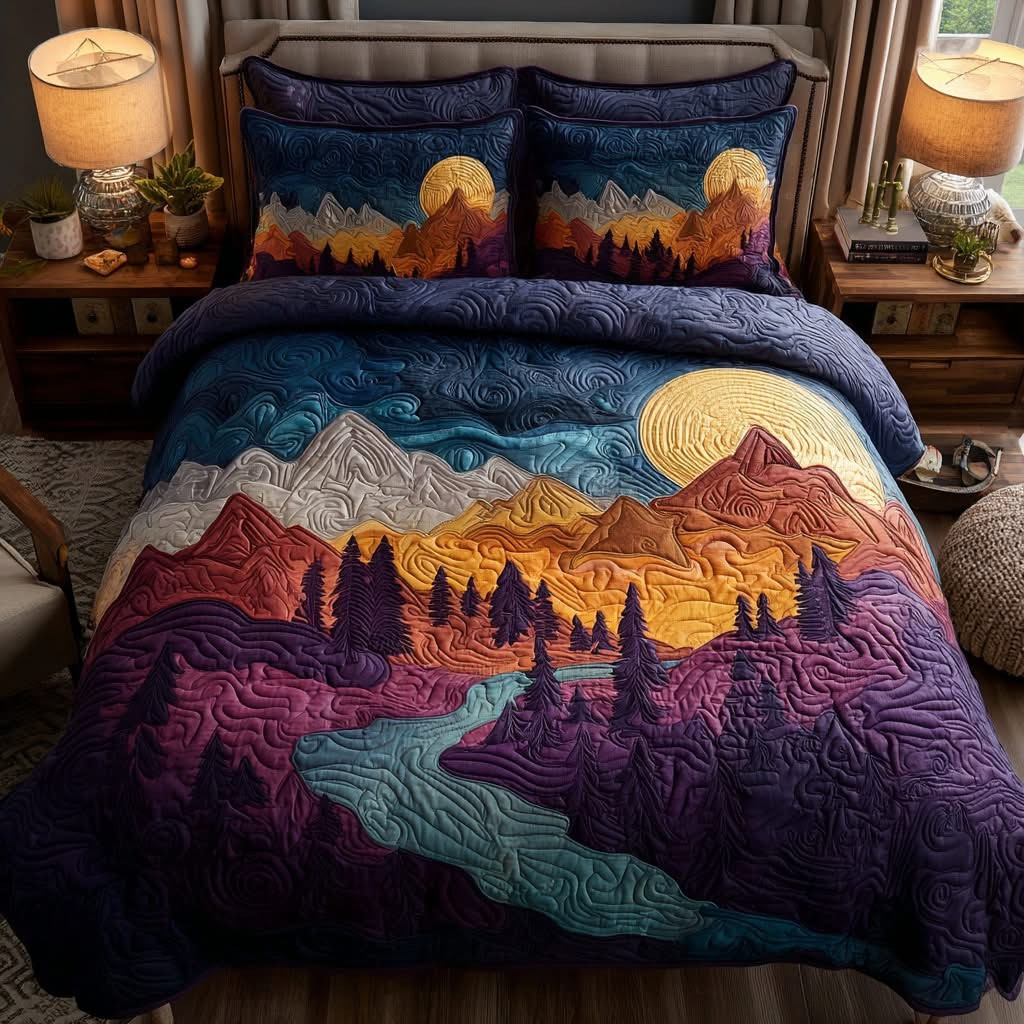 River Dawn Quilted Bedding Set Cozy Nature Landscape Bedspread Set Bedroom Decoration