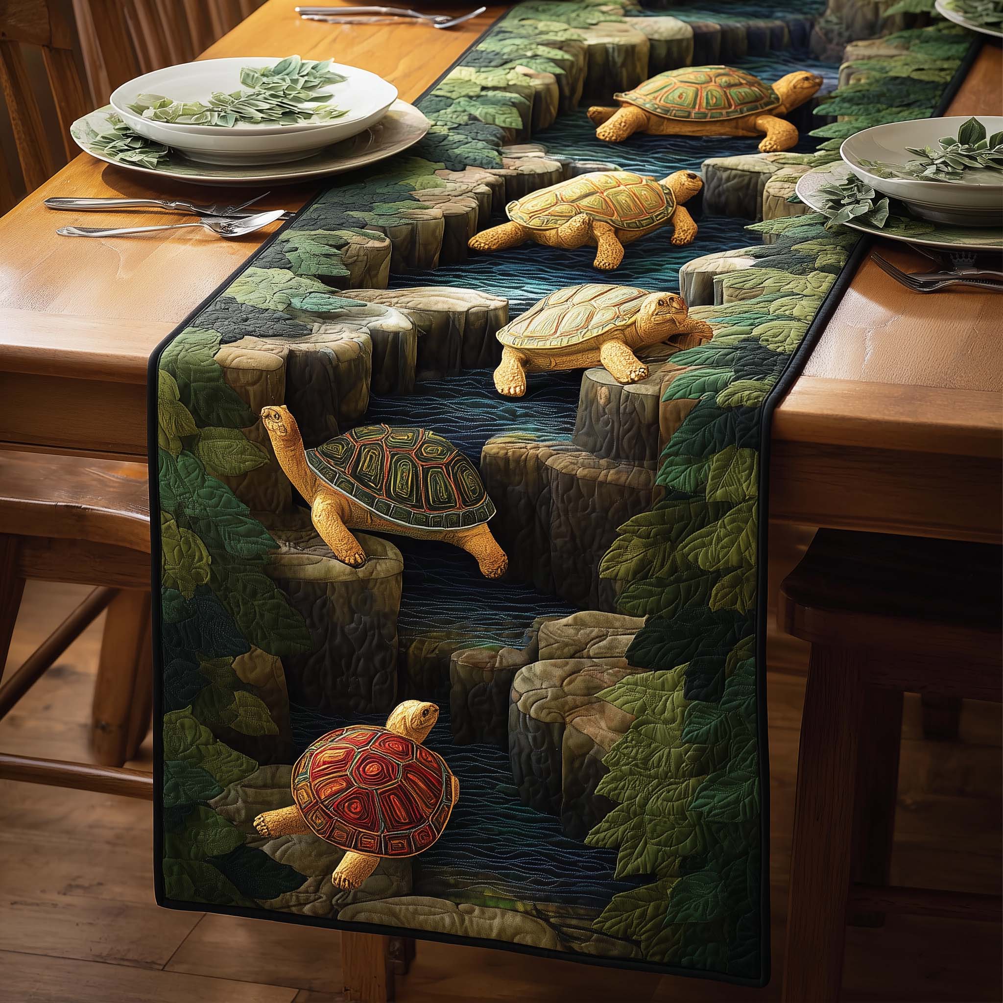 River Turtles Quilted Table Runner Bohemian Style Table Runner Turtle Gifts For Mom