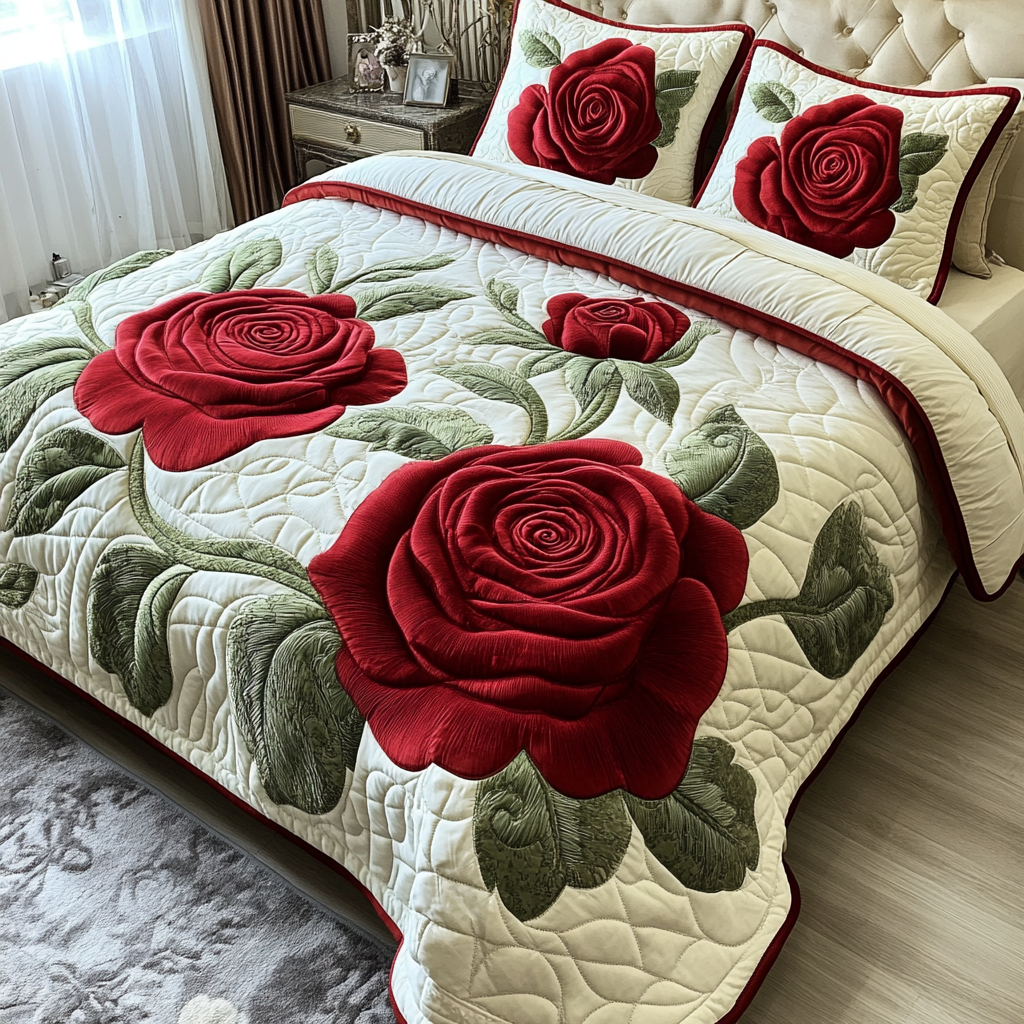 Romantic Rose Quilted Bedding Set Best Bedspread Set First Time Mothers Day Gifts