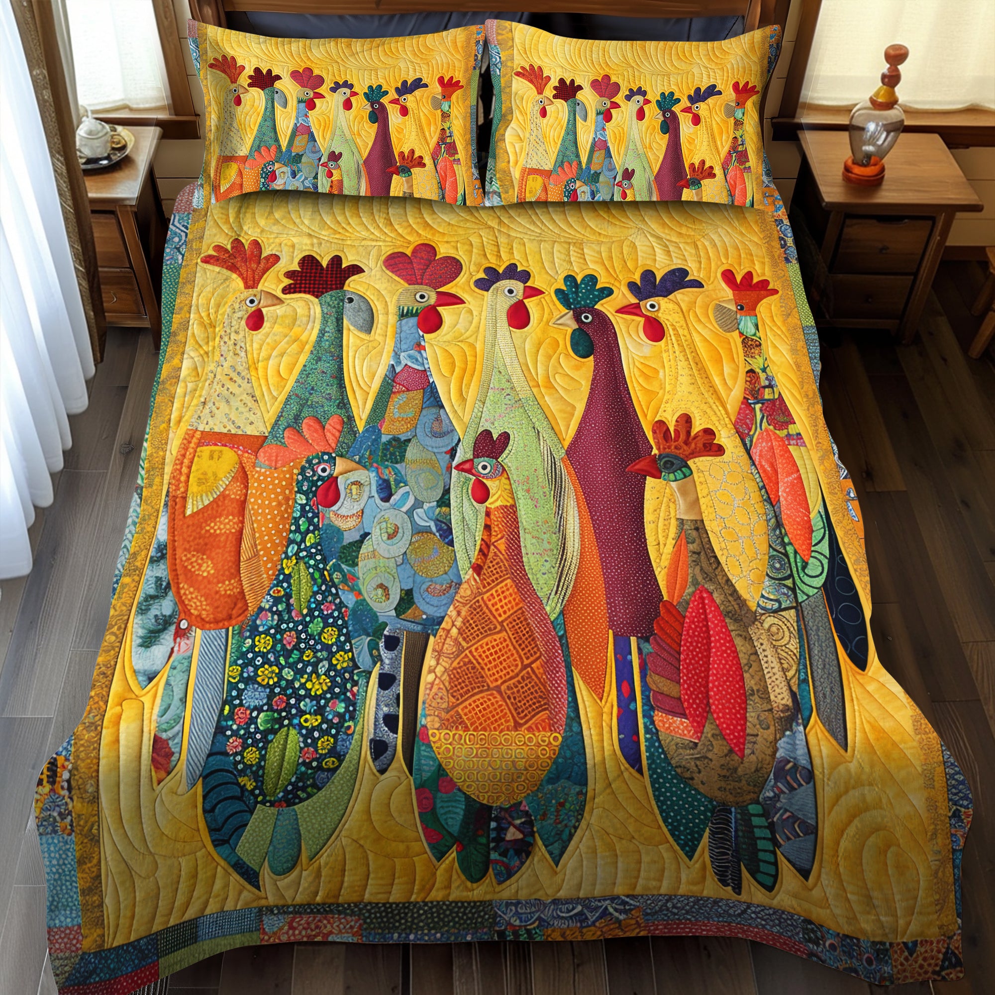Rooster Meeting Quilted Bedding Set Cute Boho Comforter Sets Chicken Lover Gifts