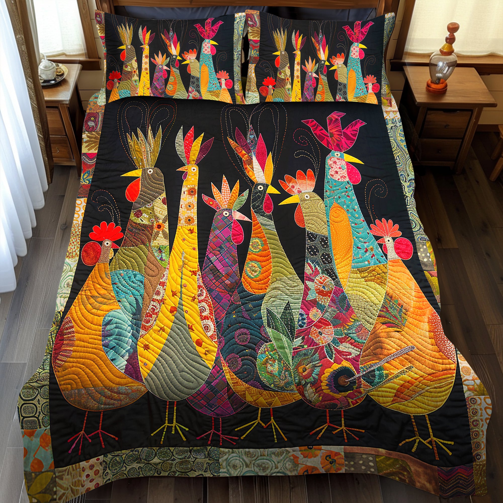 Rooster Night Quilted Bedding Set Unusual Bed Sheets Gifts For Chicken Lovers