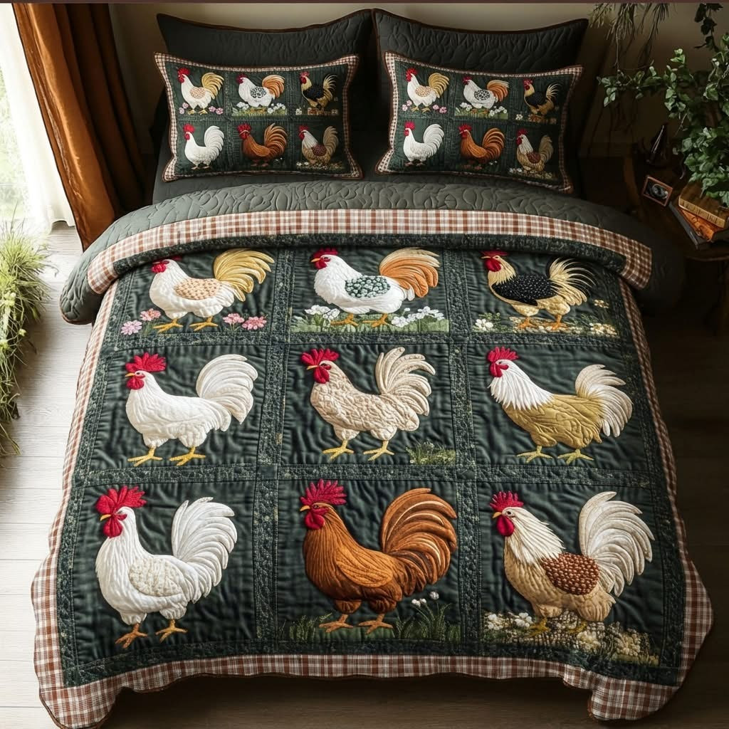 Rooster Parade Quilted Bedding Set Farmhouse Bedspread Set Bedroom Decor Gifts For Farmers