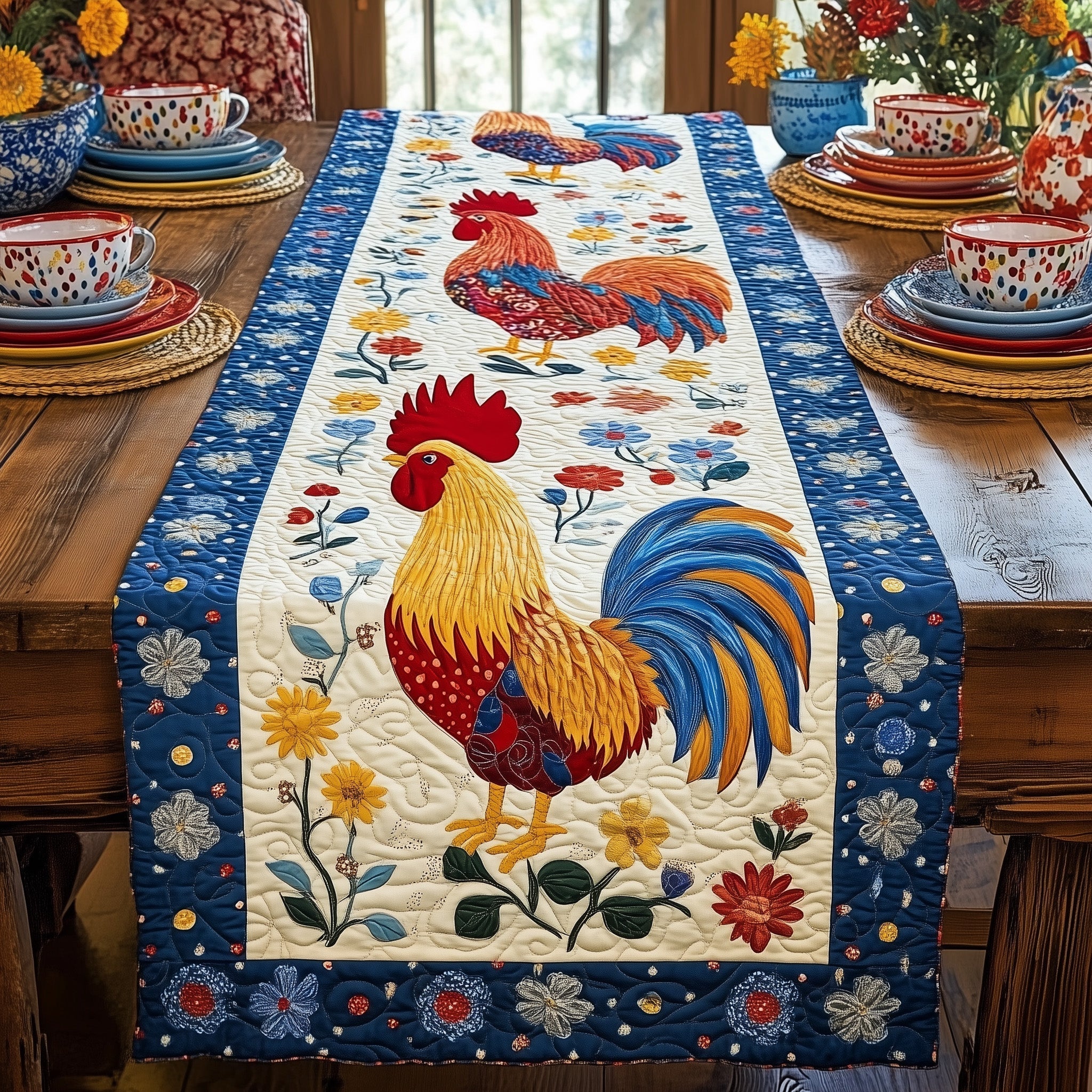 Rooster Parade Quilted Table Runner Dining Table Decor Chicken Related Gift Items