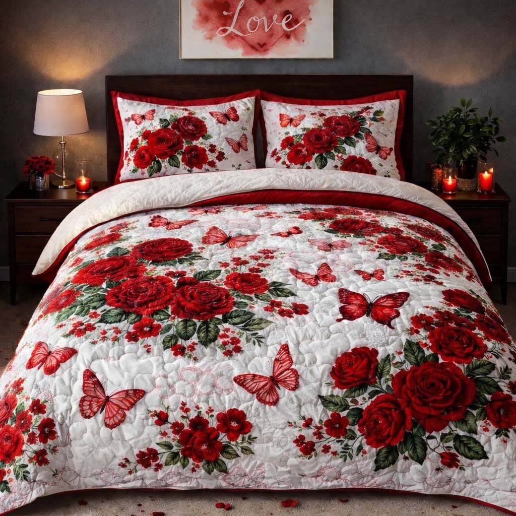 Rose Butterfly Garden Quilted Bedding Set Romance Duvet Cover Set Valentine Day Gifts