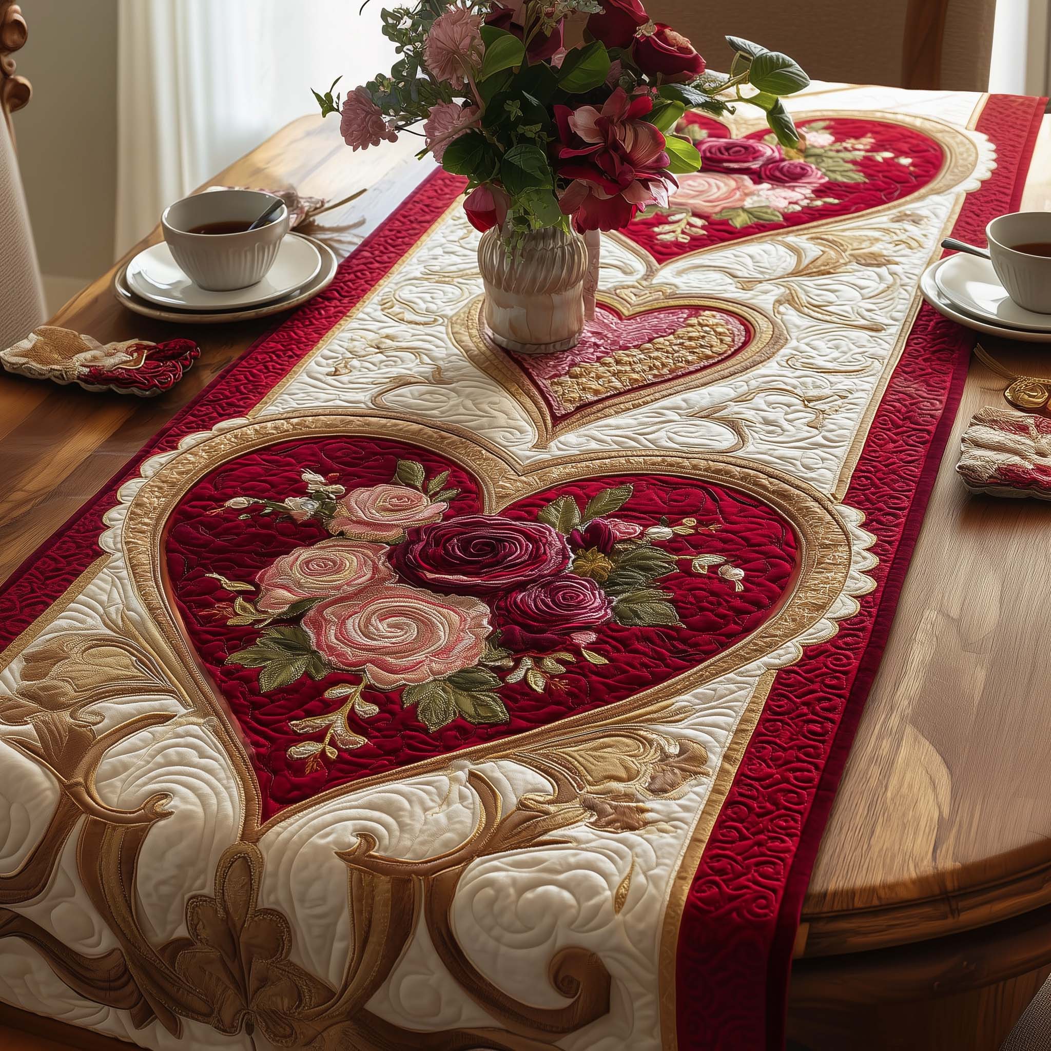Rose Embrace Quilted Table Runner Dining Room Table Toppers Presents For Couples