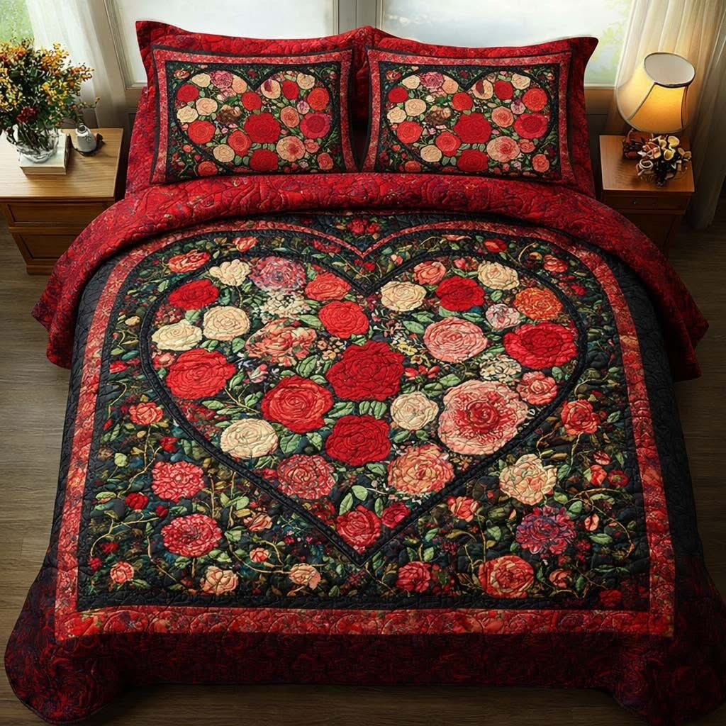 Rose Heart Quilted Bedding Set Romantic Bedroom Decorations Best Valentine Day Gifts