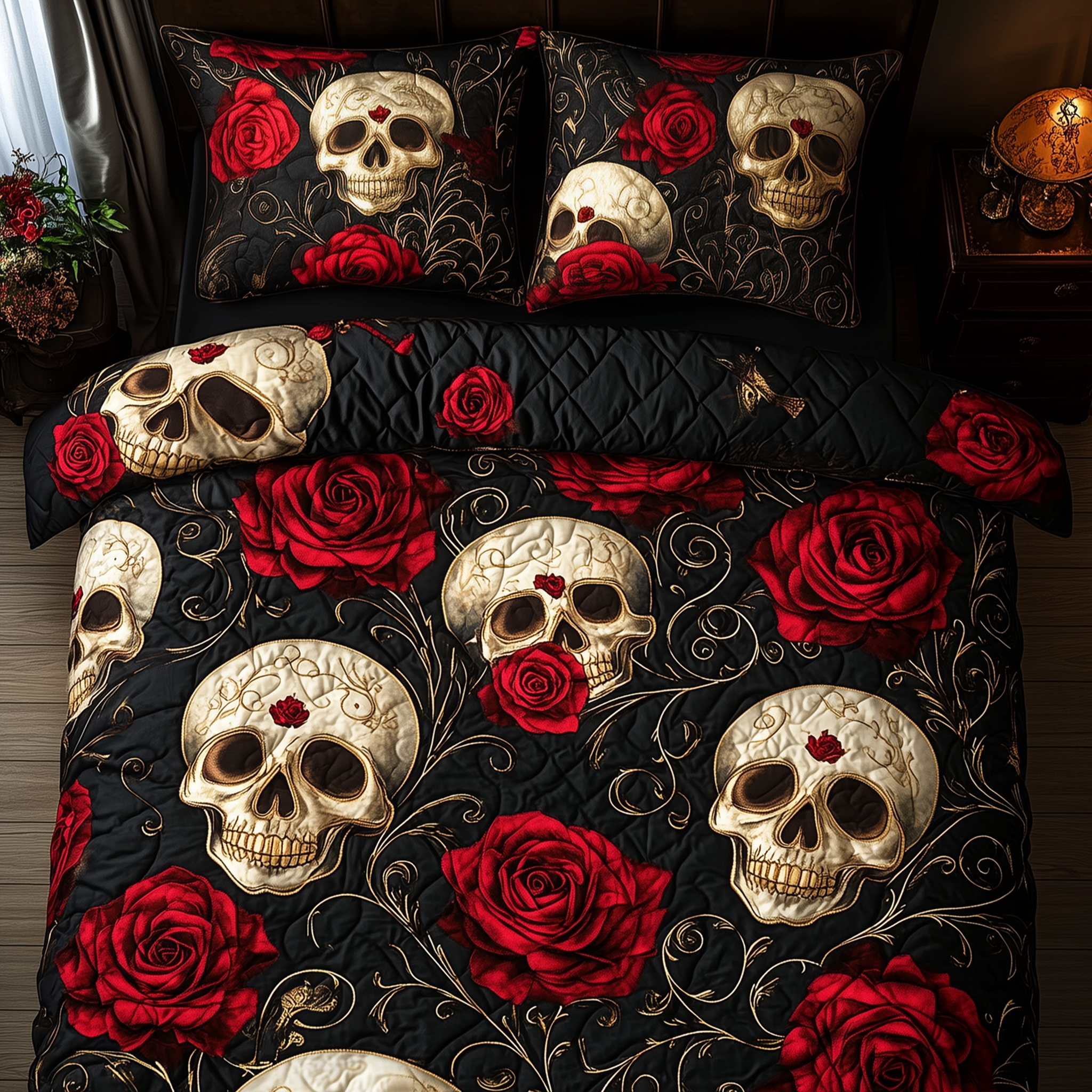 Rose Skull Quilted Bedding Set Best Fitted Sheets Skull Birthday Gifts