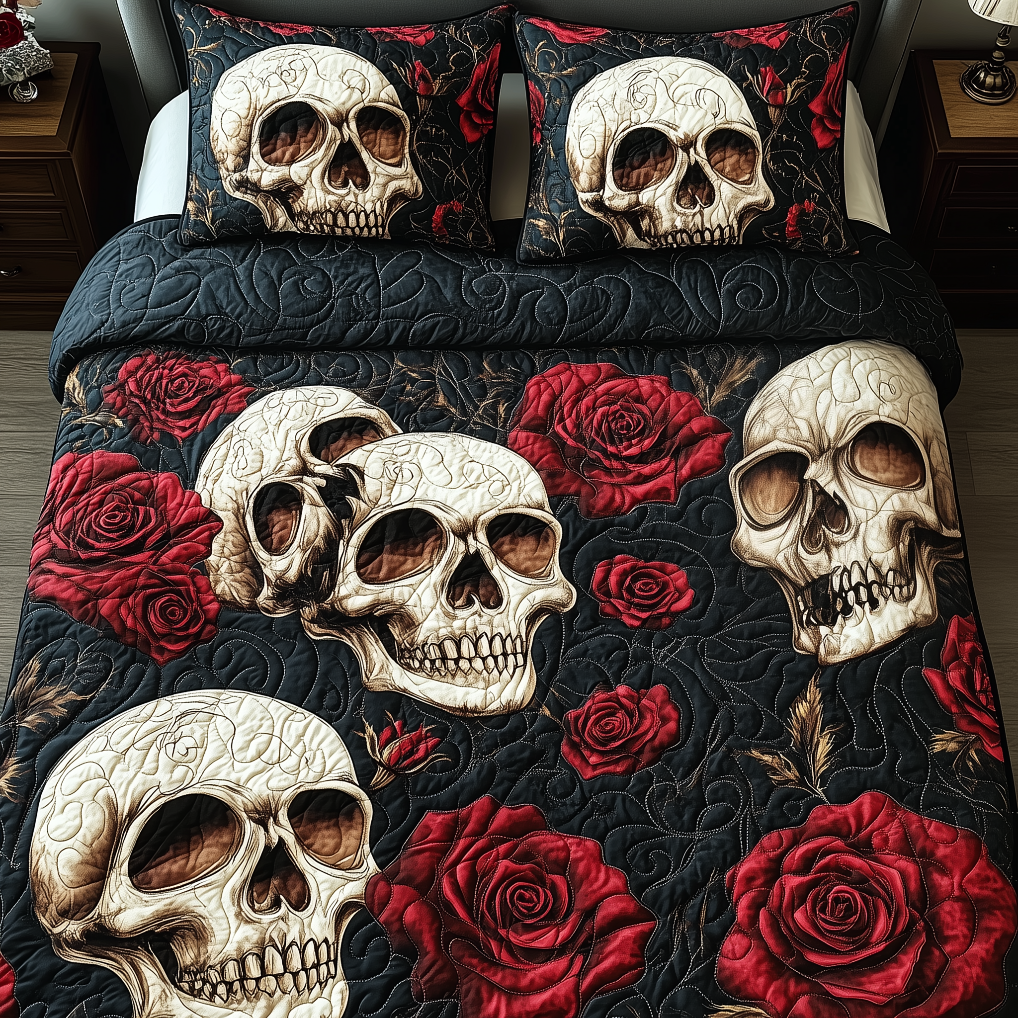 Rose Skulls Quilted Bedding Set Cool Bedroom Ideas Skull Gifts For Women