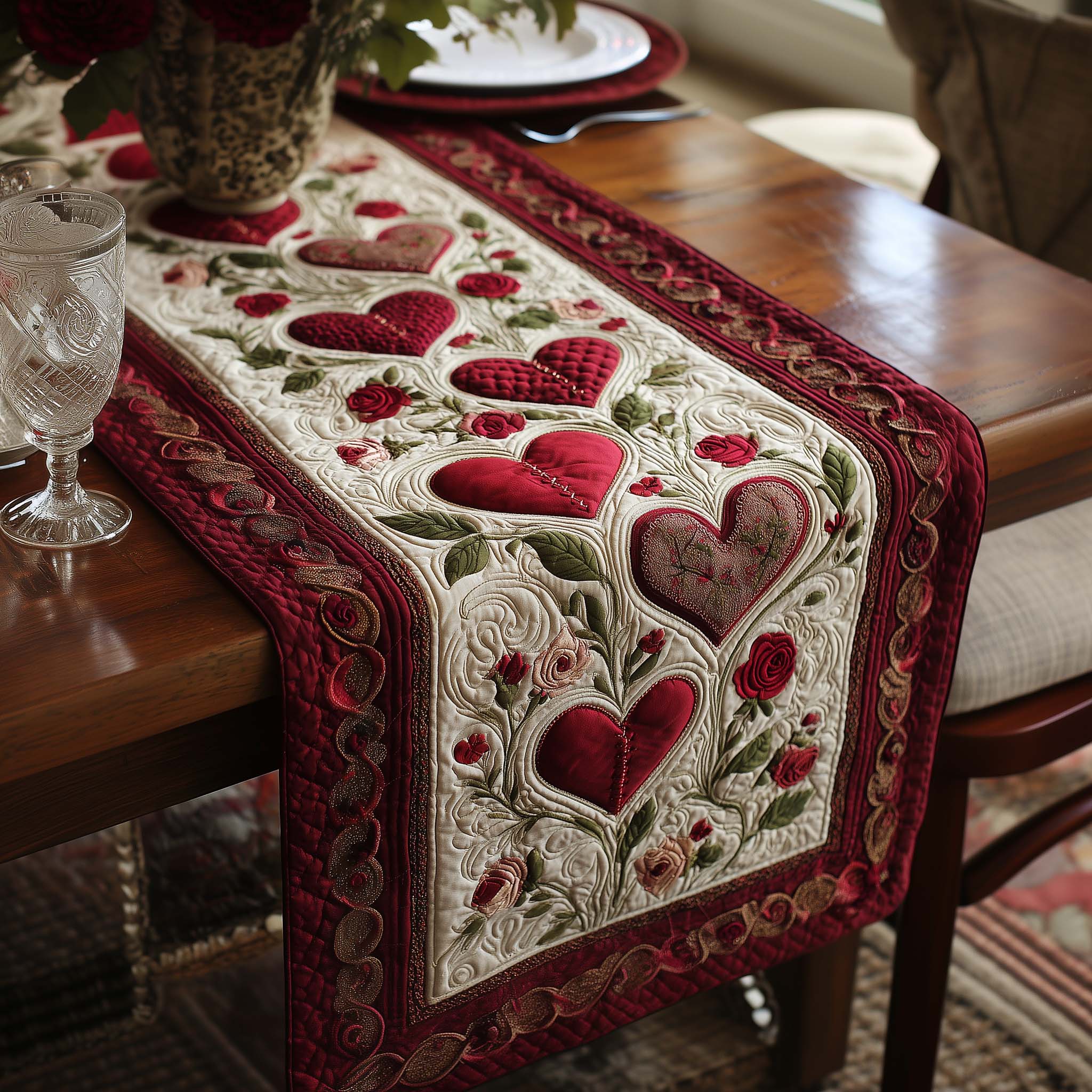 Rose Symphony Quilted Table Runner Pink Valentine Table Runner Valentine Day Presents For Her