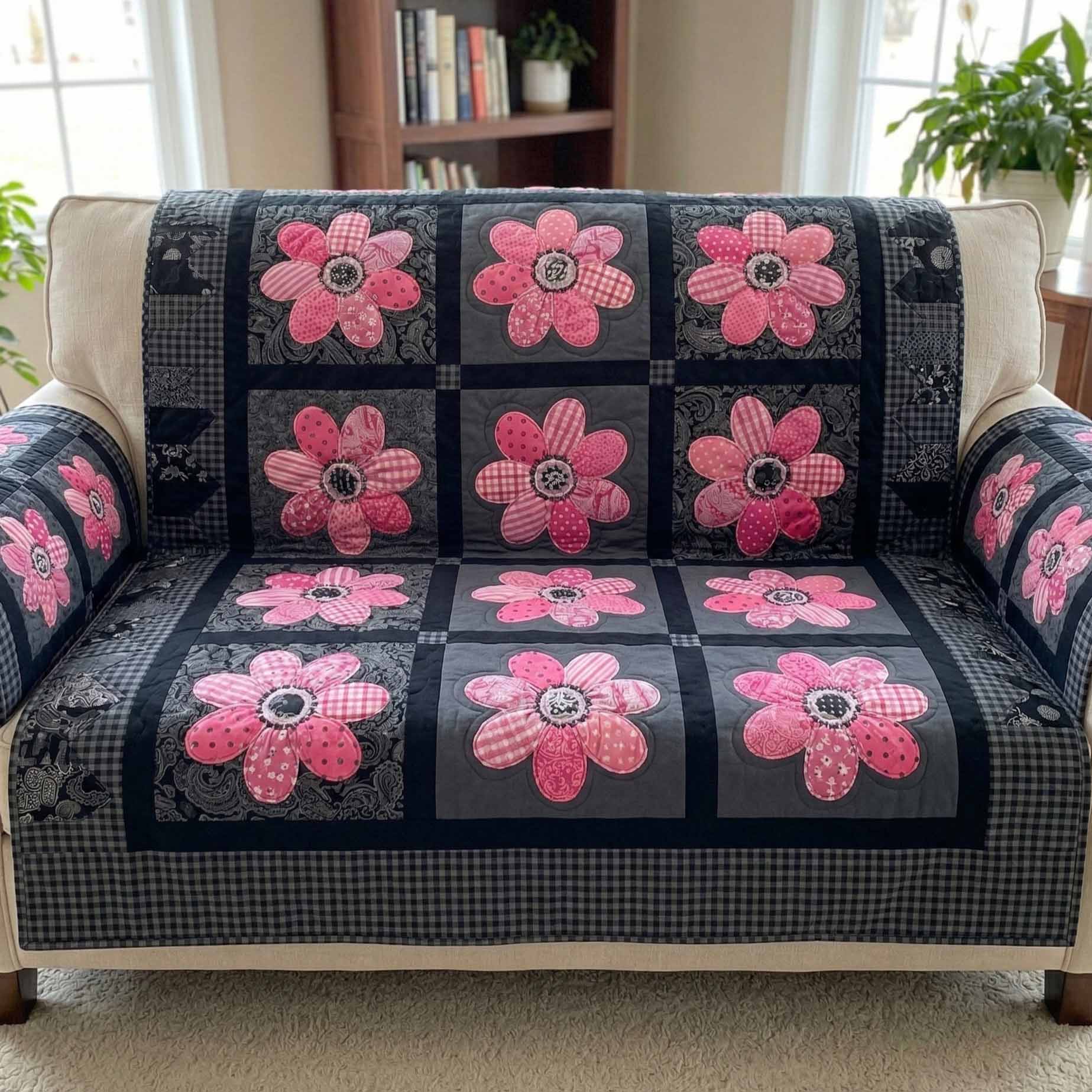 Rosy Squares Quilted Sofa Cover Recliner Couch Covers Flower Daisy Gift Items