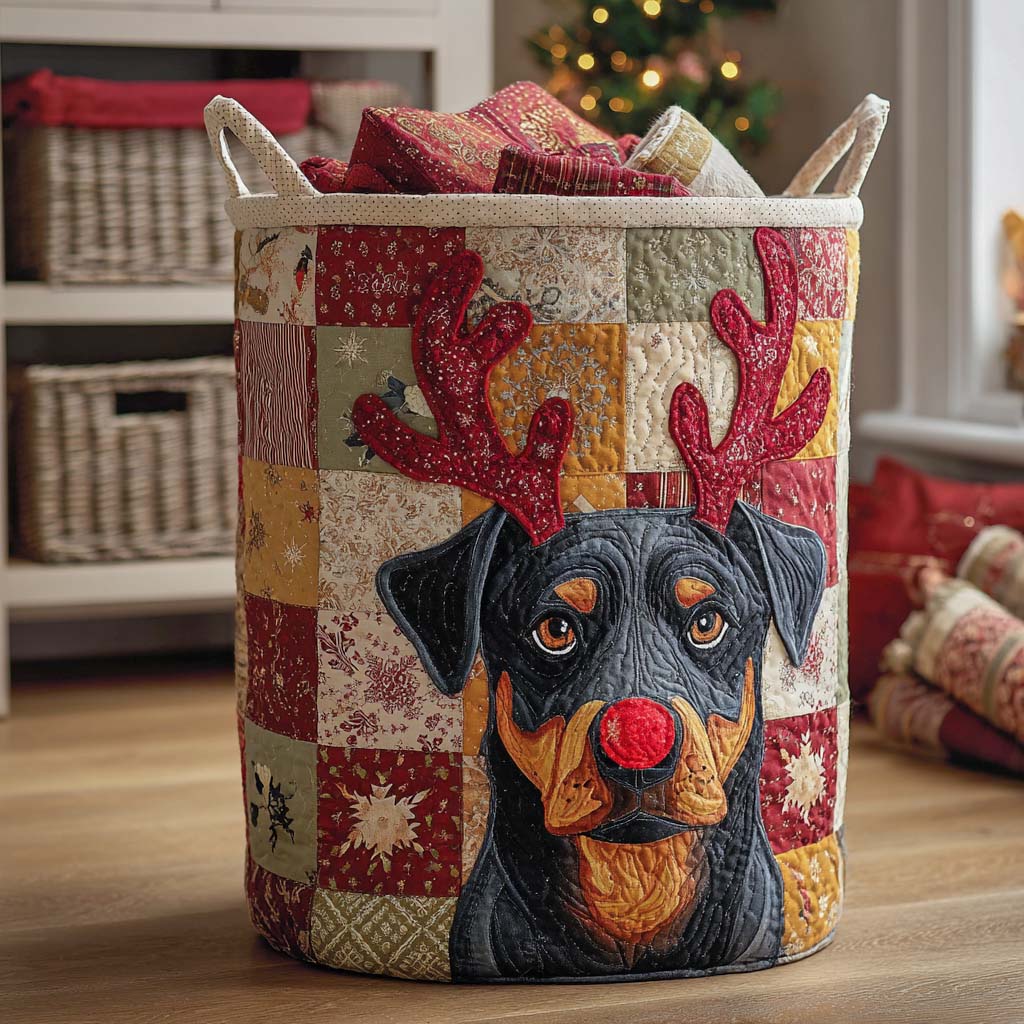 Rottie Reindeer Joy Quilted Laundry Basket Dirty Clothes Basket Rottweiler Dad Gifts