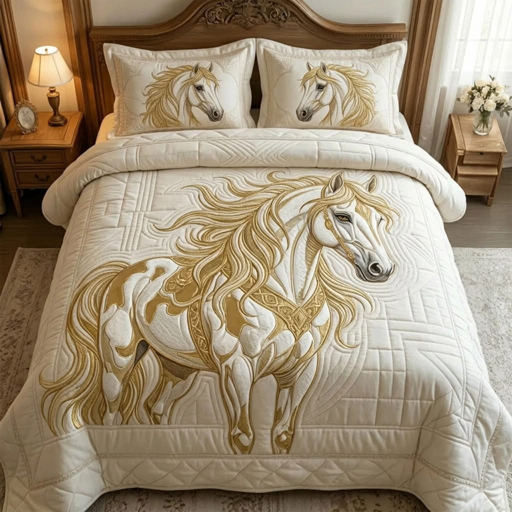 Royal Horse Quilted Bedding Set Elegant Bedroom Decor Father's Day Gifts For Horse Lovers