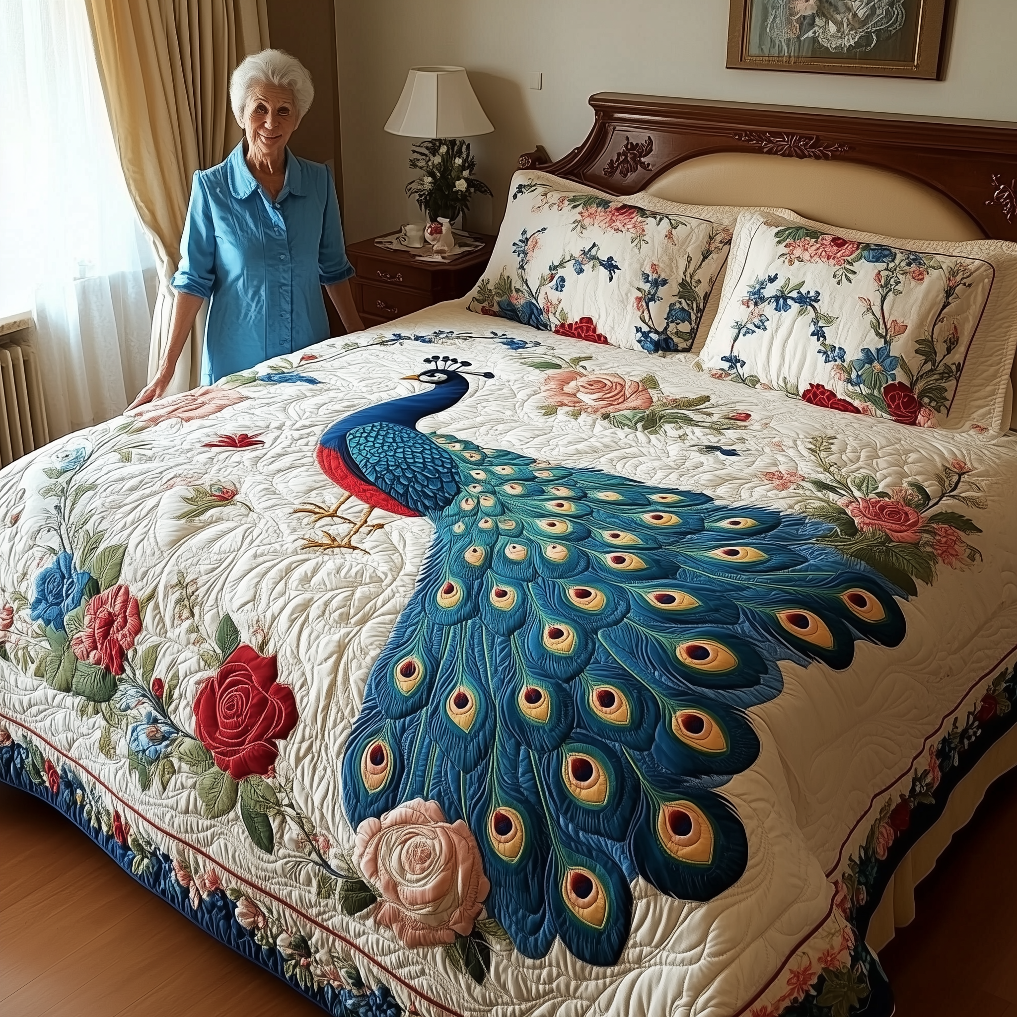 Royal Peacock Quilted Bedding Set Bed Room Art Mardi Gras Gifts Items