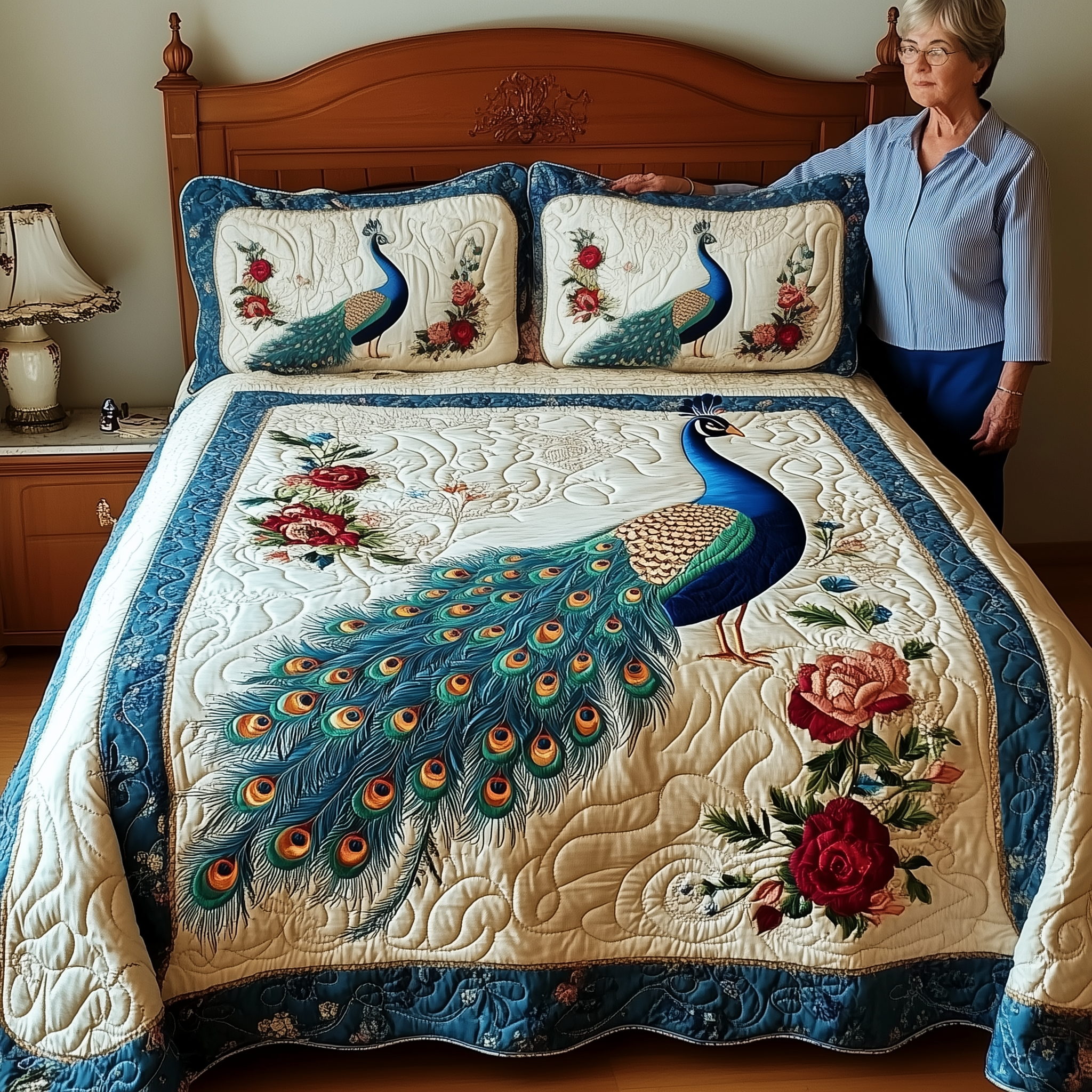 Royal Peacock Quilted Bedding Set Bedroom Room Decor Mardi Gras Themed Gifts