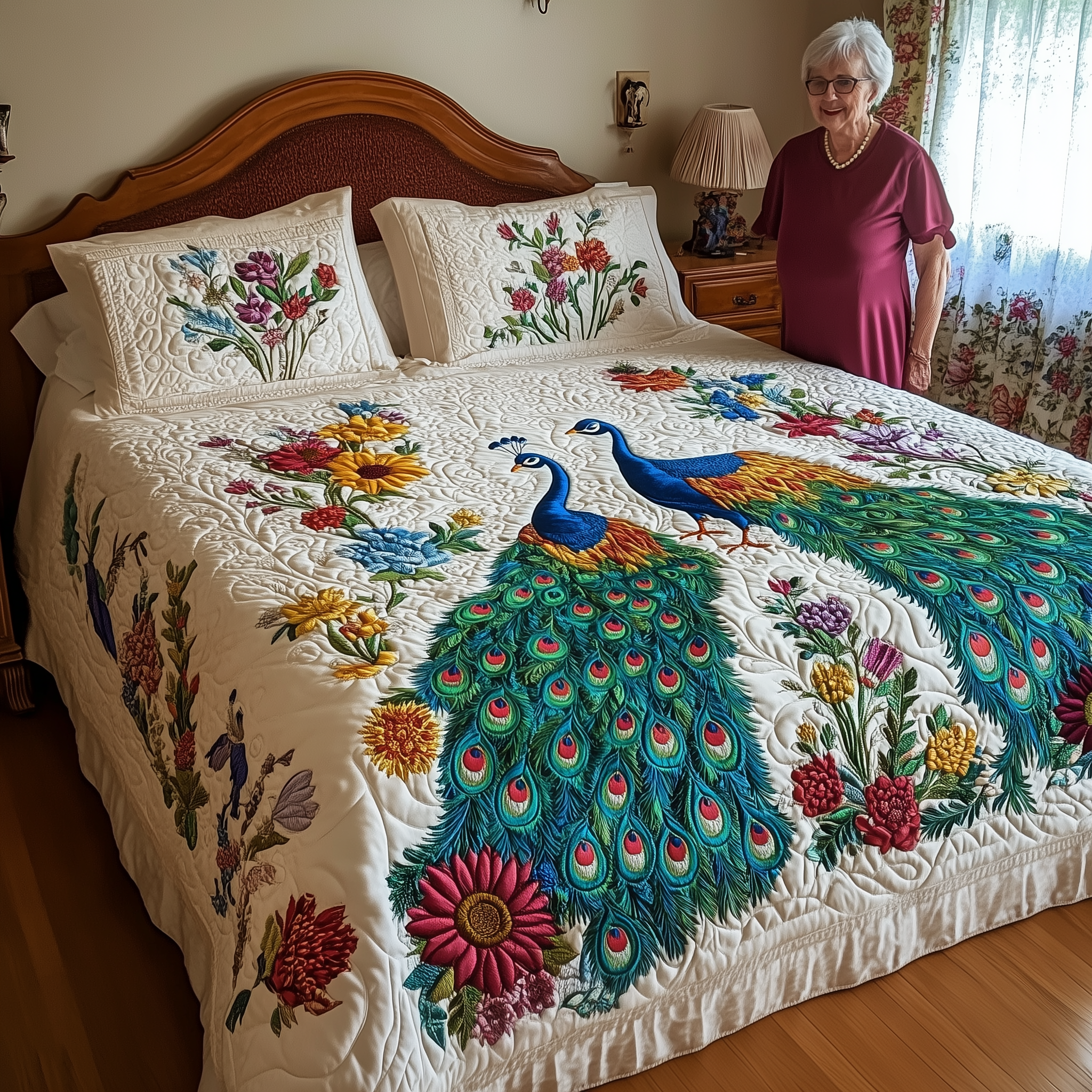 Royal Peacock Quilted Bedding Set Over The Bed Decor Mardi Gras King And Queen Gifts