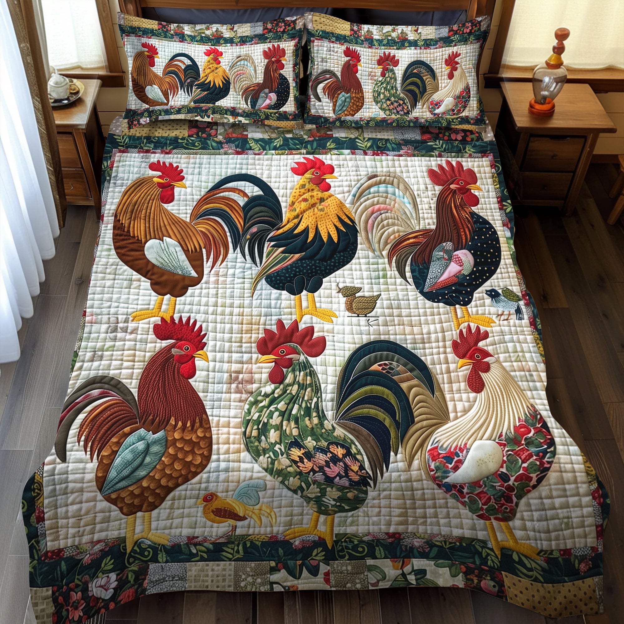 Rural Rooster Quilted Bedding Set Cute Bed Sheets Chicken Themed Gifts