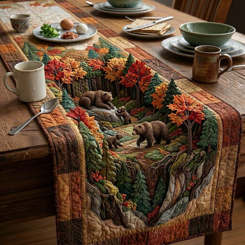 Rustic Bear Den Quilted Table Runner Dining Room Table Decor Unique Gifts For Bear Lovers