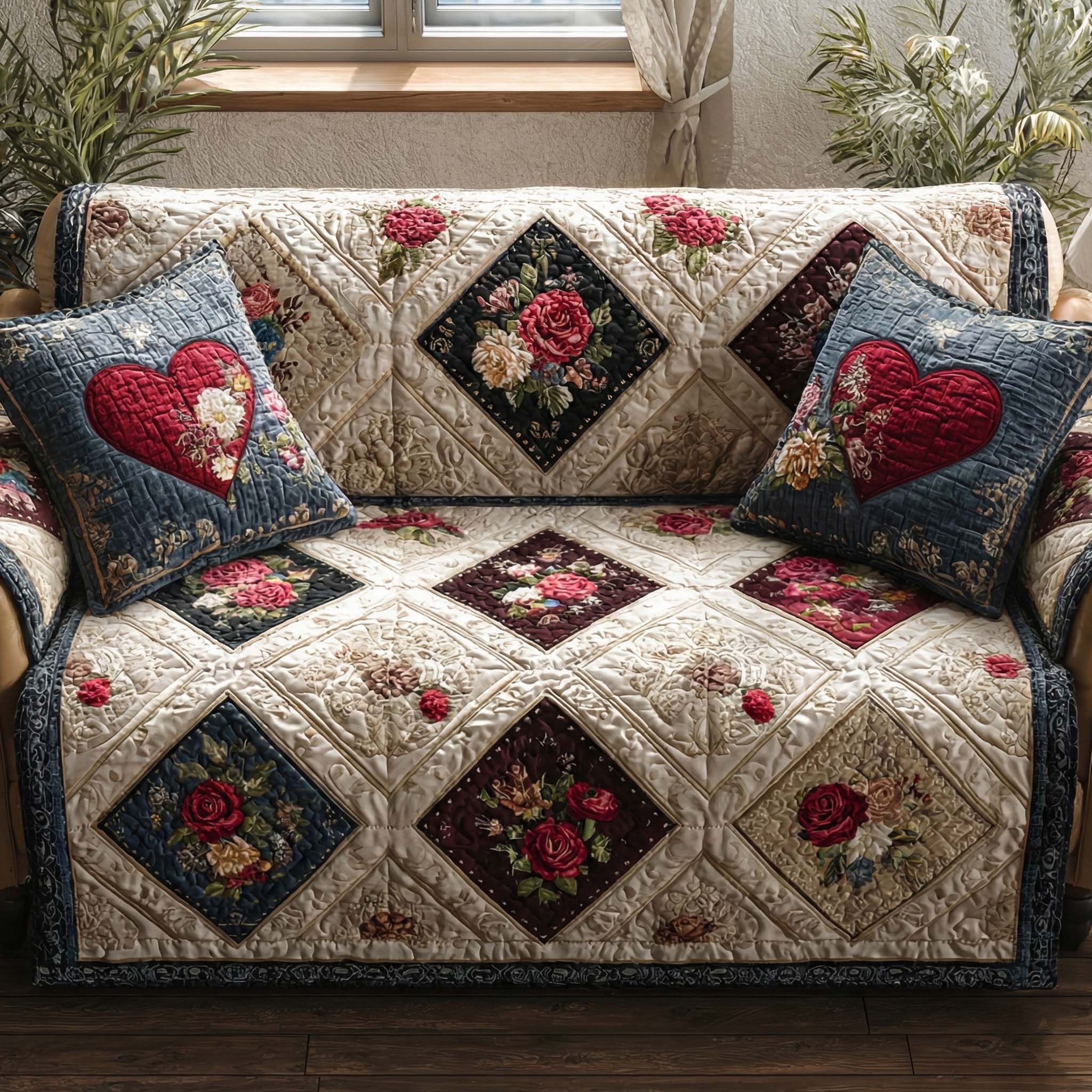 Rustic Country Heart Quilted Sofa Cover Living Room Decor Valentine'S Day Ideas