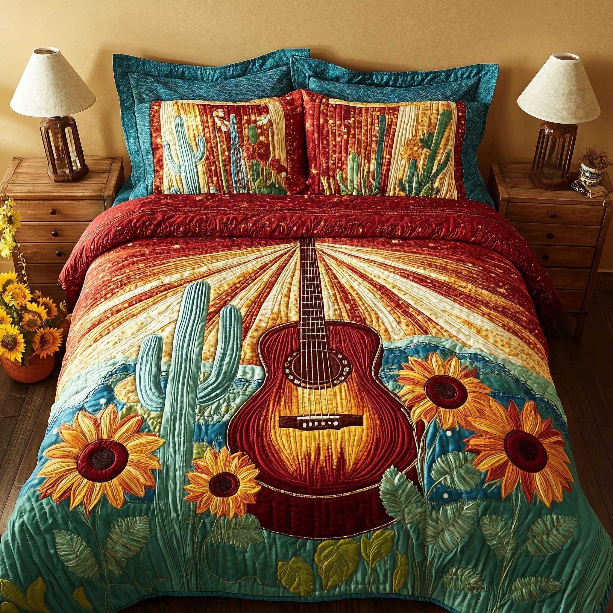 Rustic Cowboy Tune Quilted Bedding Set Unique Bed Sheet Set Guitar Lovers Presents