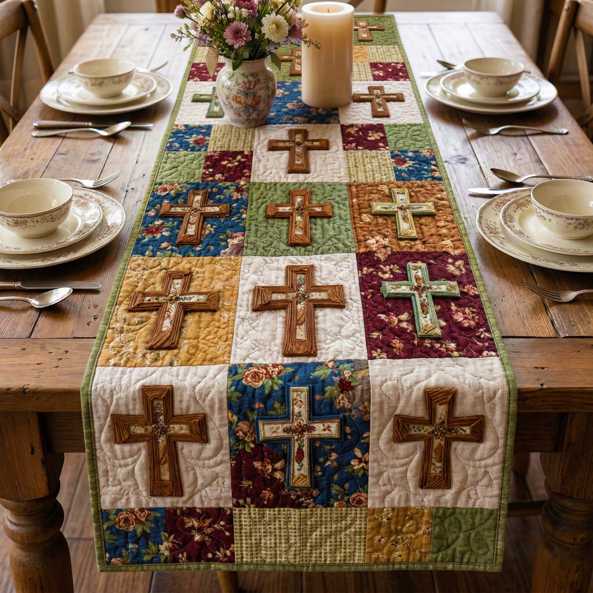 Rustic Cross Quilted Table Runner Dining Table Decor Ideas Christian Present Ideas