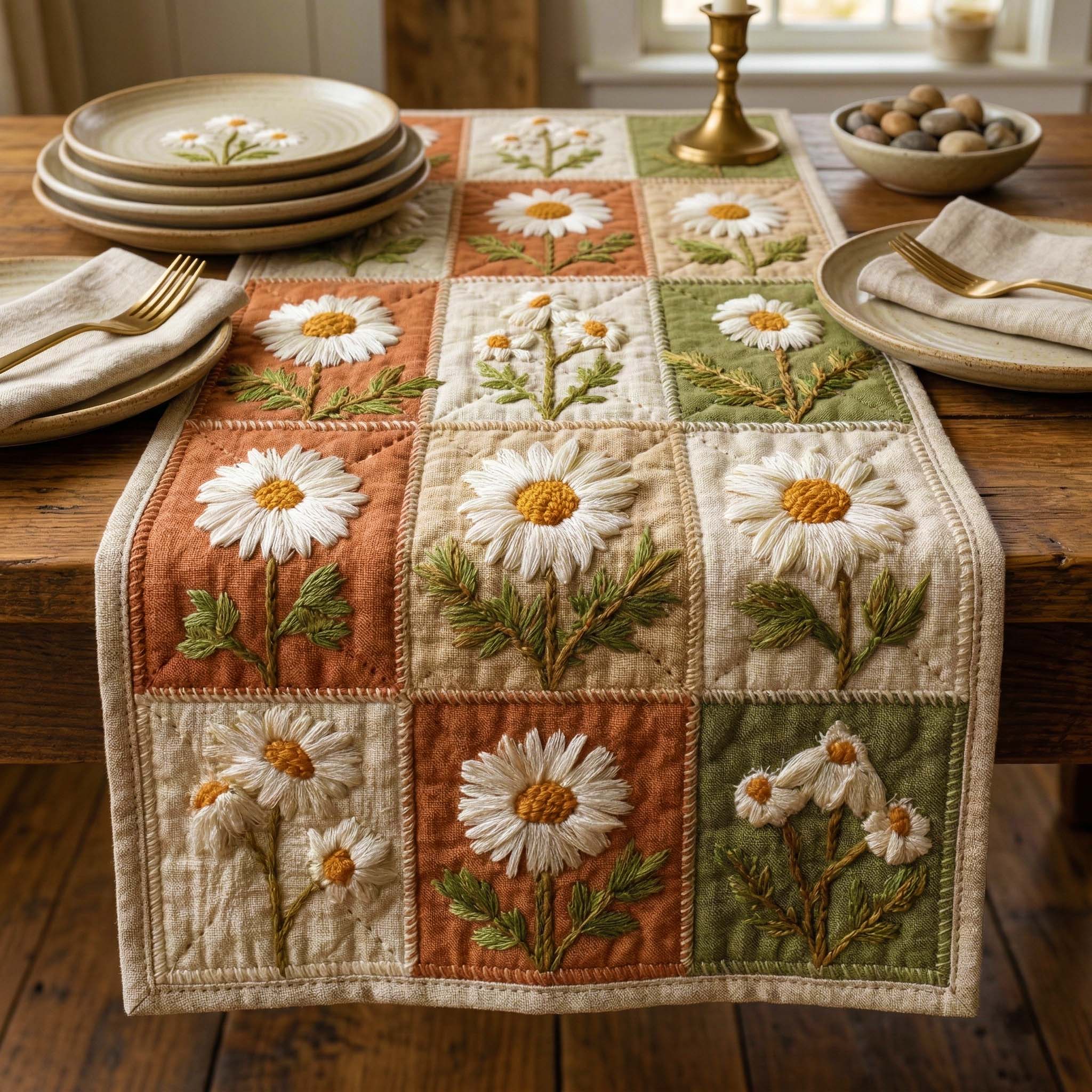 Rustic Daisy Quilted Table Runner Flower Table Runner Meaningful Mother's Day Gifts