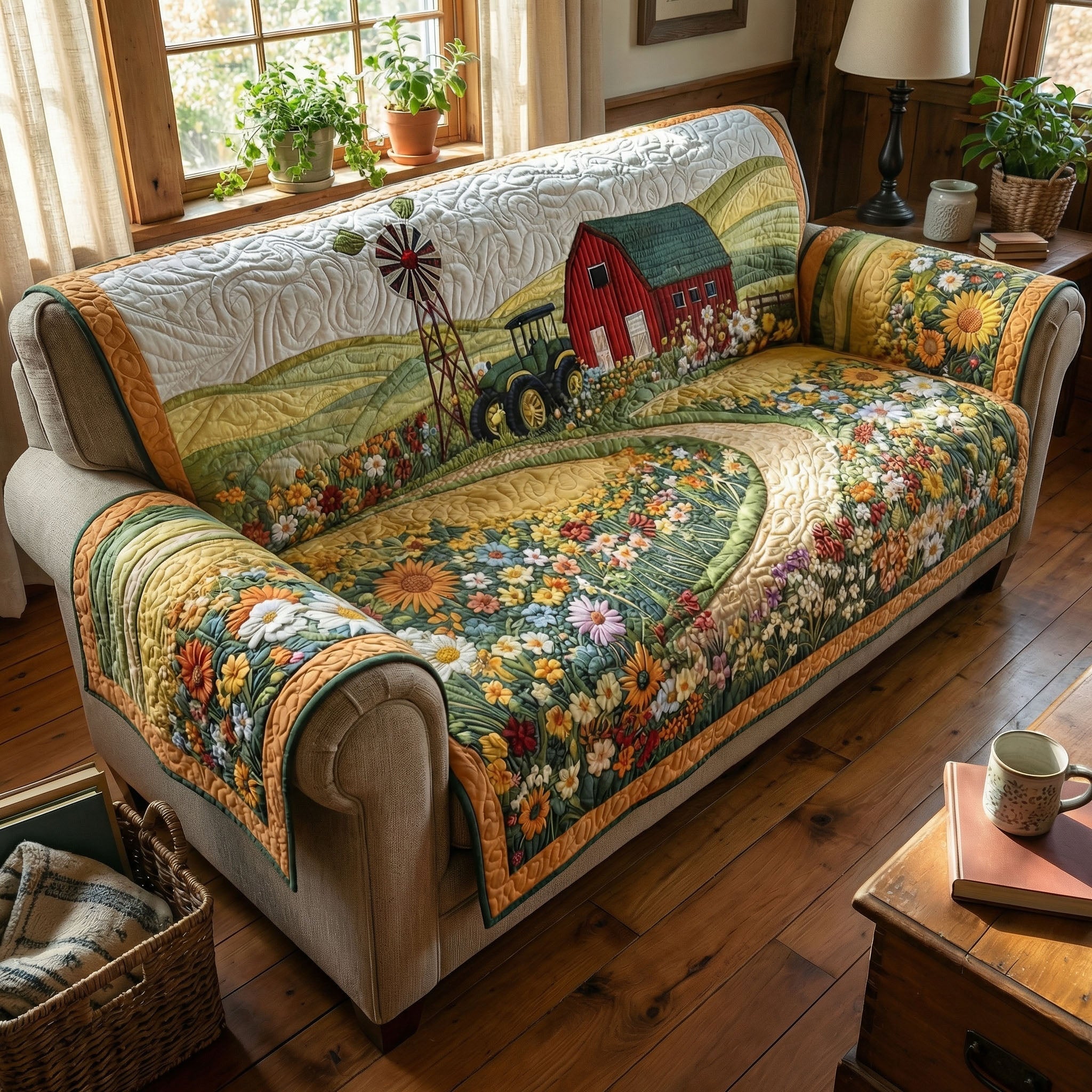Rustic Harvest Road Quilted Sofa Cover Living Room Decorations Sunflower Presents
