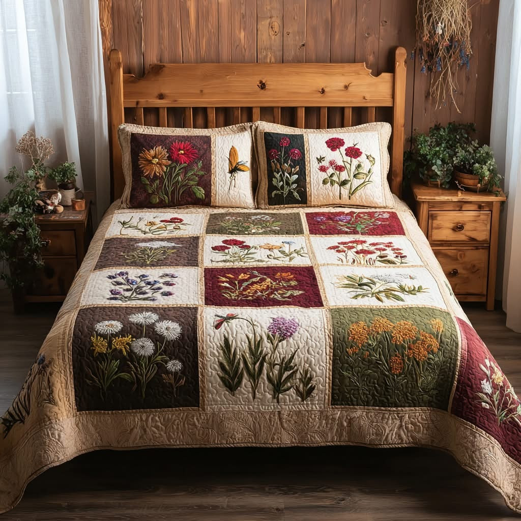 Rustic Herbarium Quilted Bedding Set Floral Bedspread Set Mother's Day Gifts For Daughter