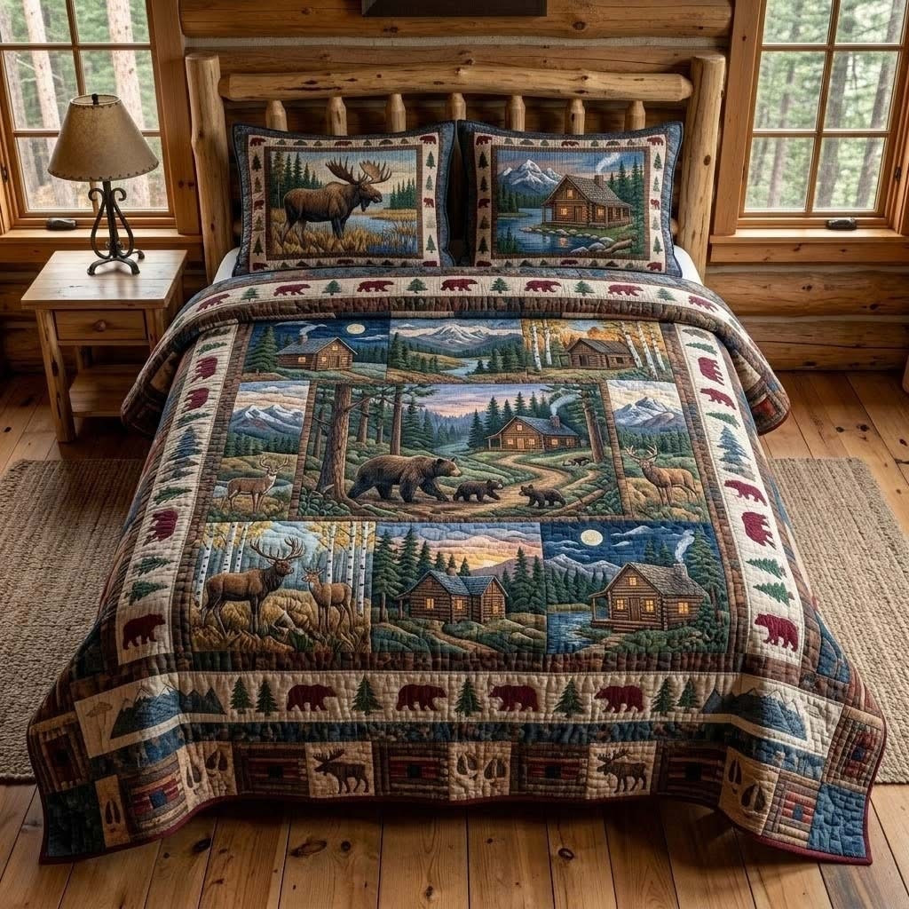 Rustic Lodge Wildlife Moose Cabin Quilted Bedding Set Bear Walking Comforter Gift For Nature
