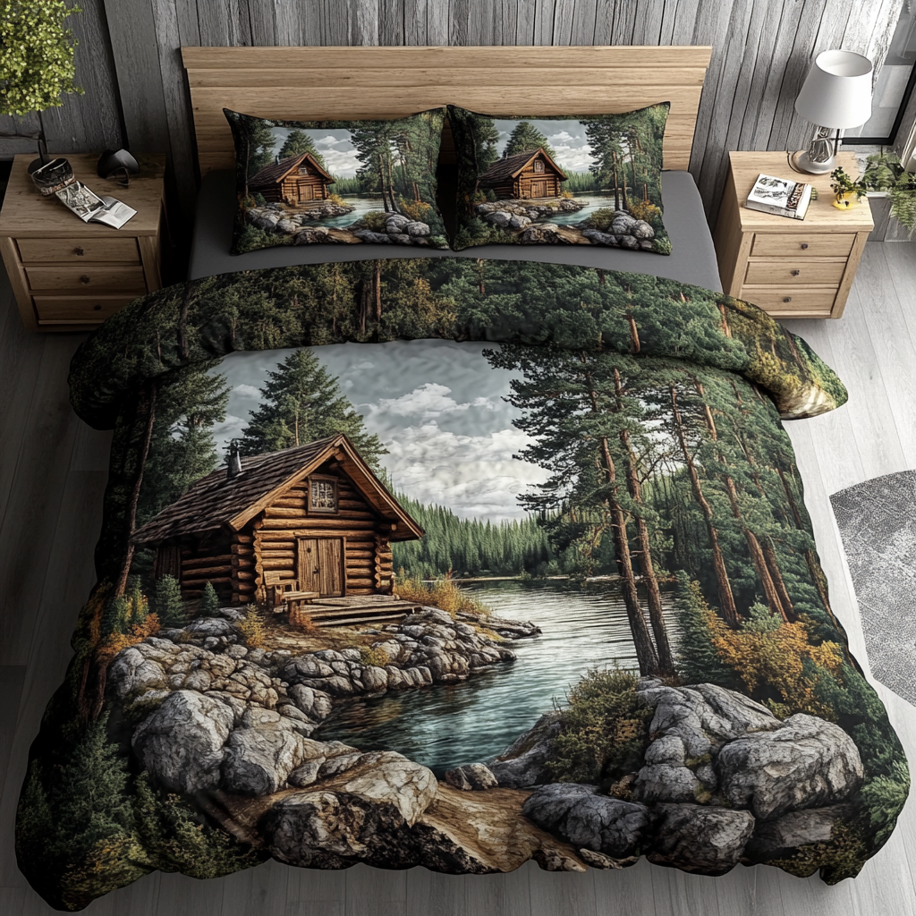 Rustic Log Cabin Quilted Bedding Set Bedspread Set Unique Gifts Family
