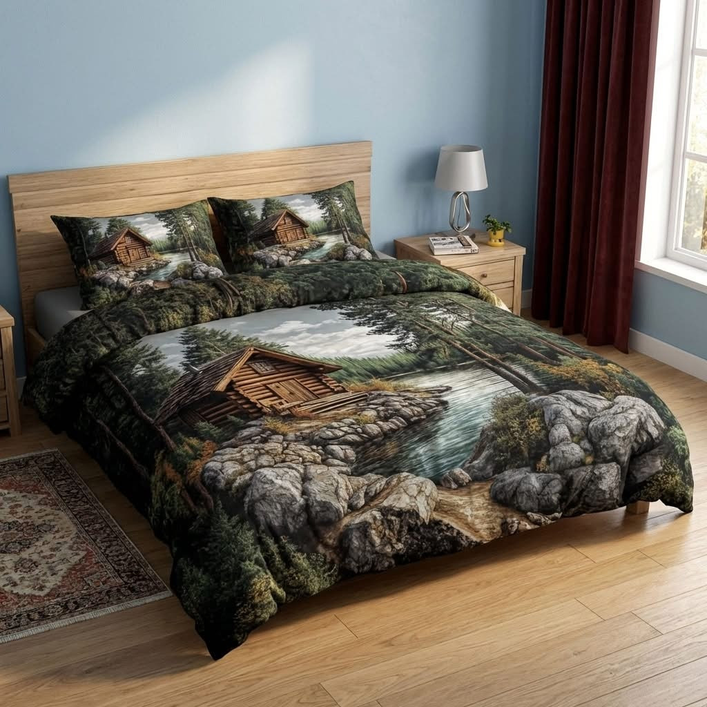 Rustic Log Cabin Quilted Bedding Set Nature Lover Bedsheet Set Father In Law Gifts Dad's Day