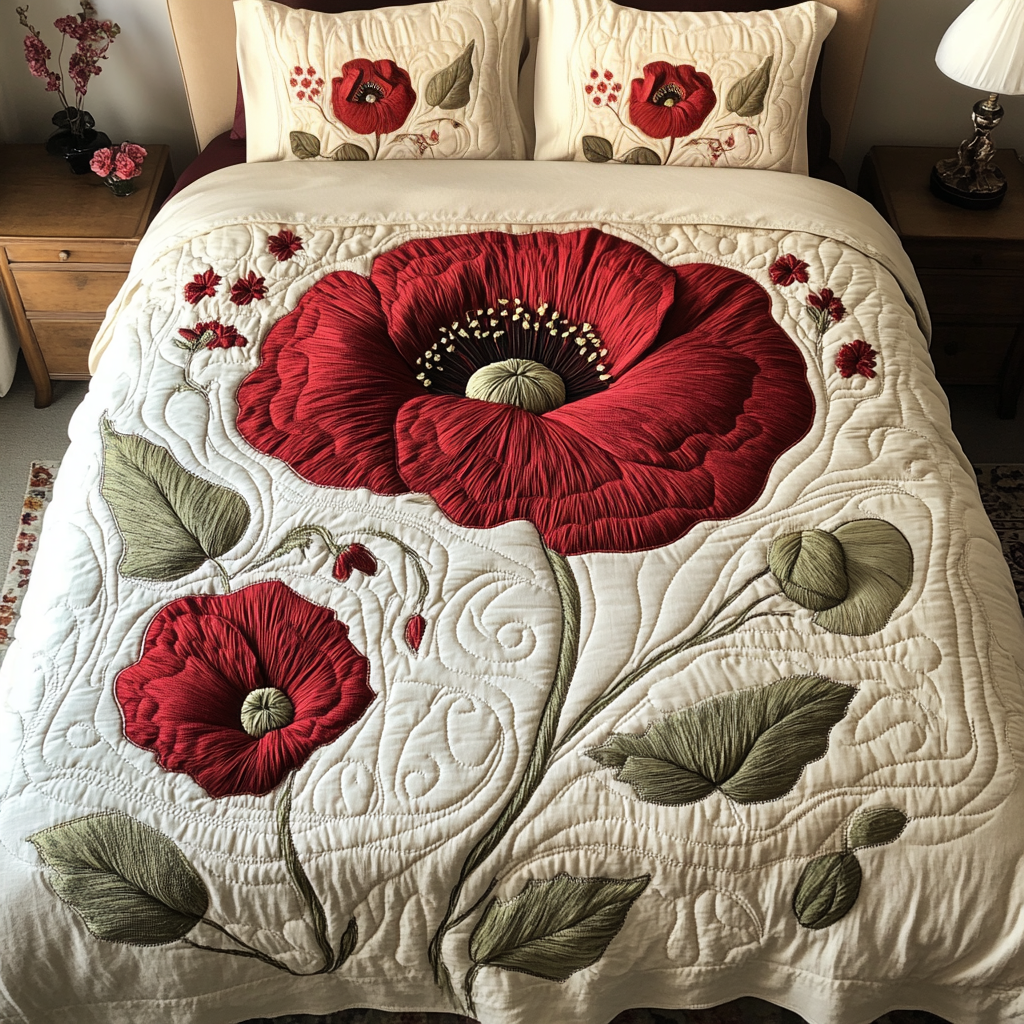 Rustic Poppies Quilted Bedding Set Bed Room Decoration Gifts For Father In Law