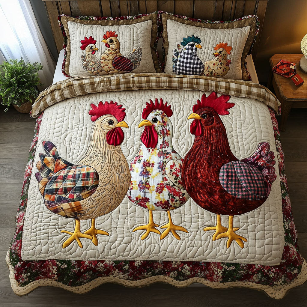Rustic Roosters Quilted Bedding Set Cute Bedsheets Chicken Novelty Gifts