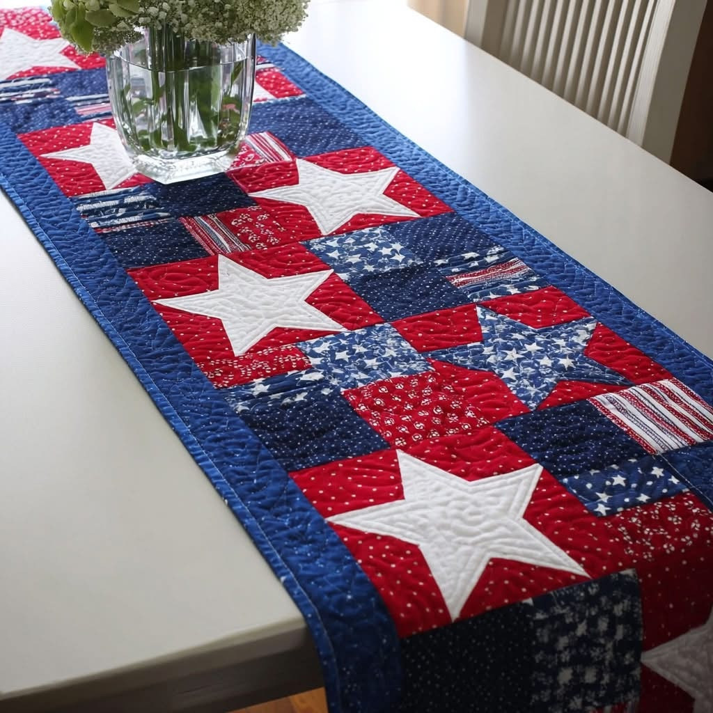 Rustic Star Quilted Table Runner Patriotic Home Decor Gift For Mom