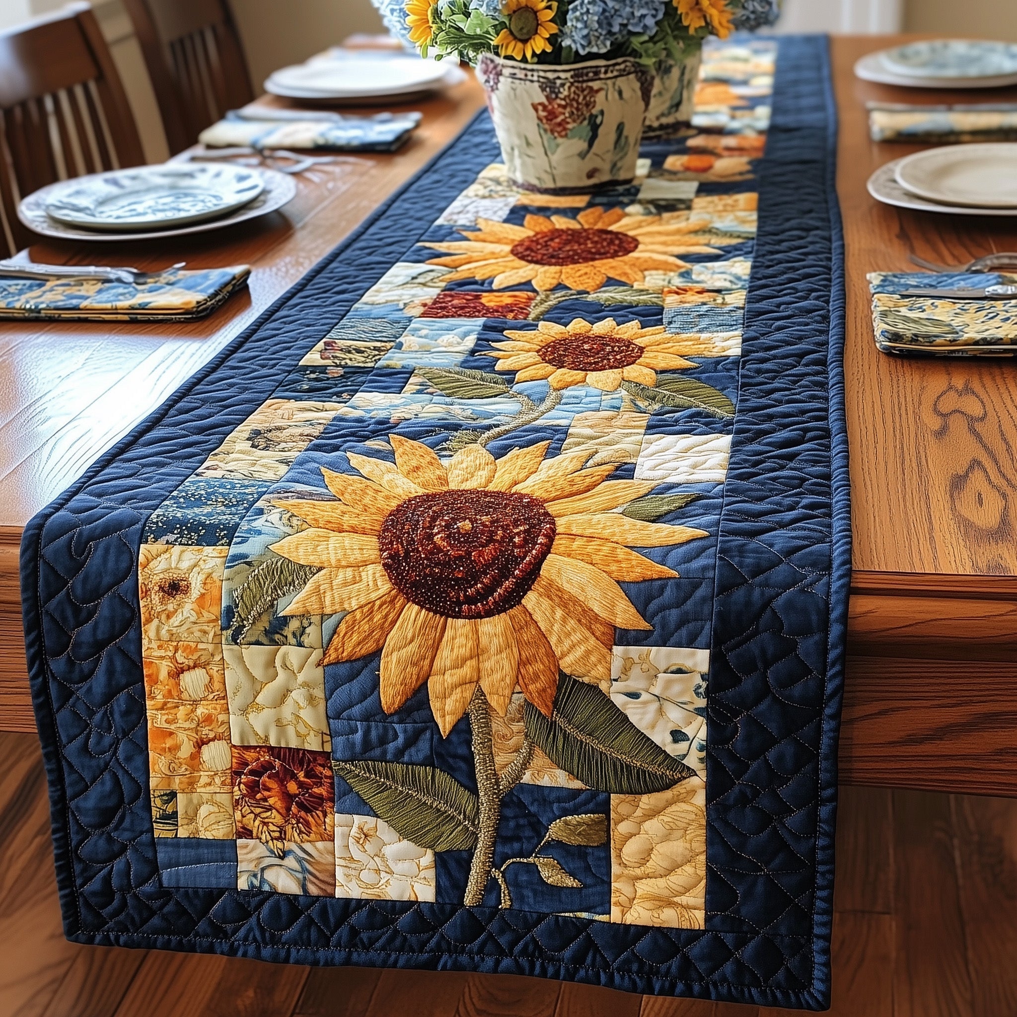 Rustic Sunflower Charm Quilted Table Runner Dining Table Centerpiece Ideas Gift Ideas For Mom