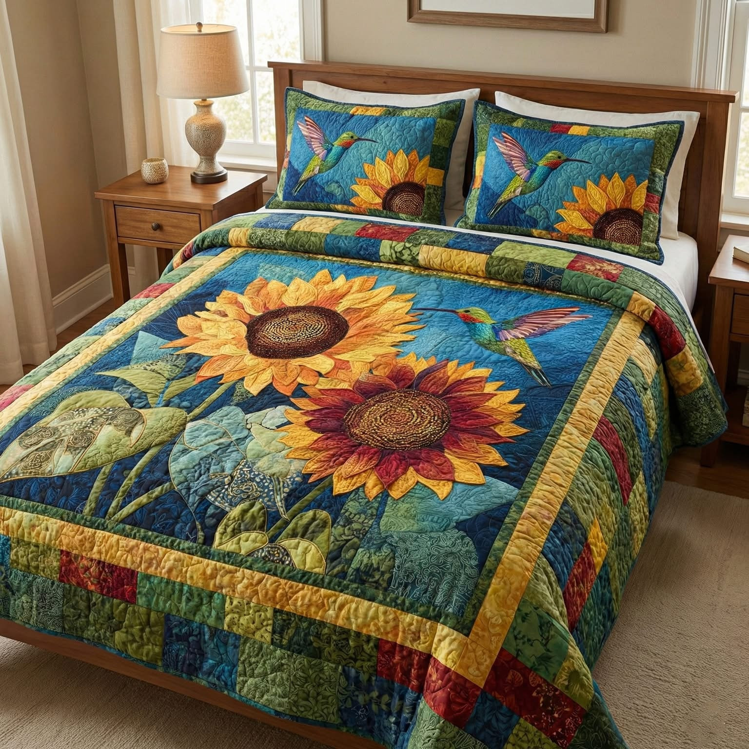 Rustic Sunflower Quilted Bedding Set Hummingbird Bed Sheet Set Gifts For Mother In Law