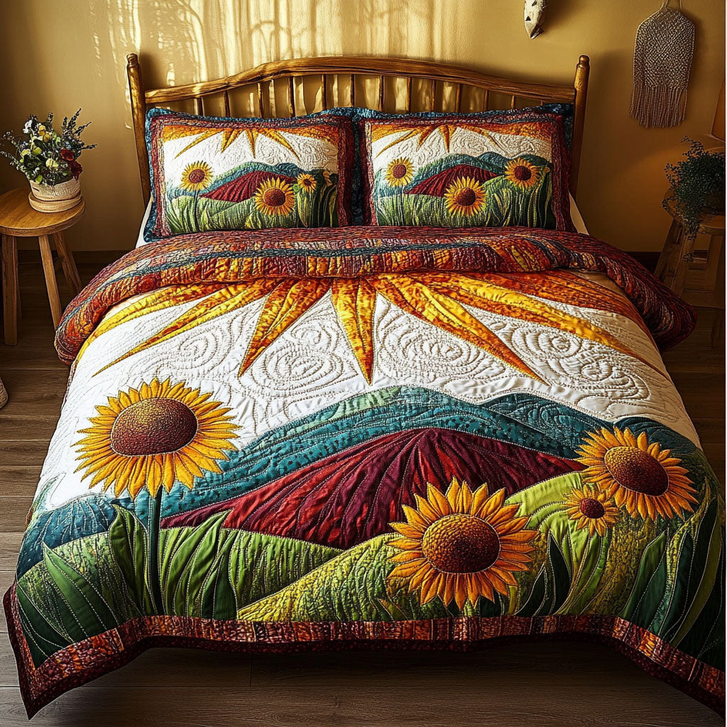 Rustic Sunlight Symphony Quilted Bedding Set Cute Queen Bed Sheets Sunflower Gifts For Friends