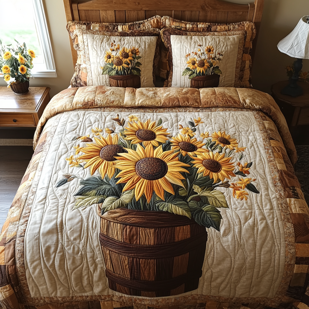 Rustic Sunrise Quilted Bedding Set Unusual Bed Sheets Gifts For Sunflower Lovers