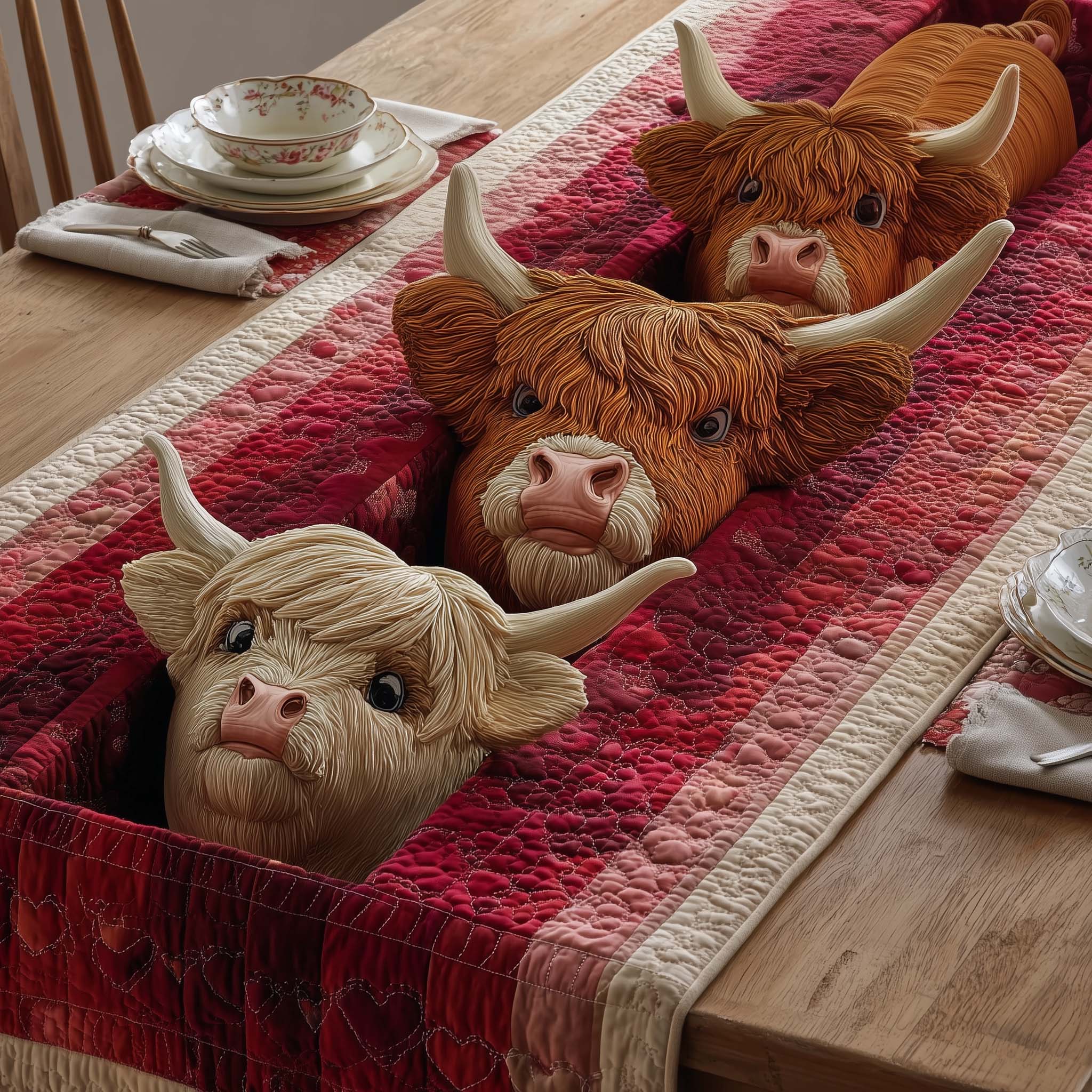 Rustic Trio Quilted Table Runner Valentine Runner For Table Highland Cattle Gifts For Her