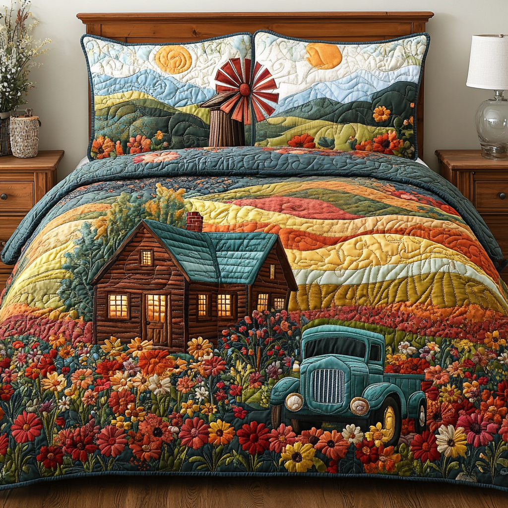 Rustic Windmill Beauty Quilted Bedding Set Bed Decor Retirement Gift Ideas For Men