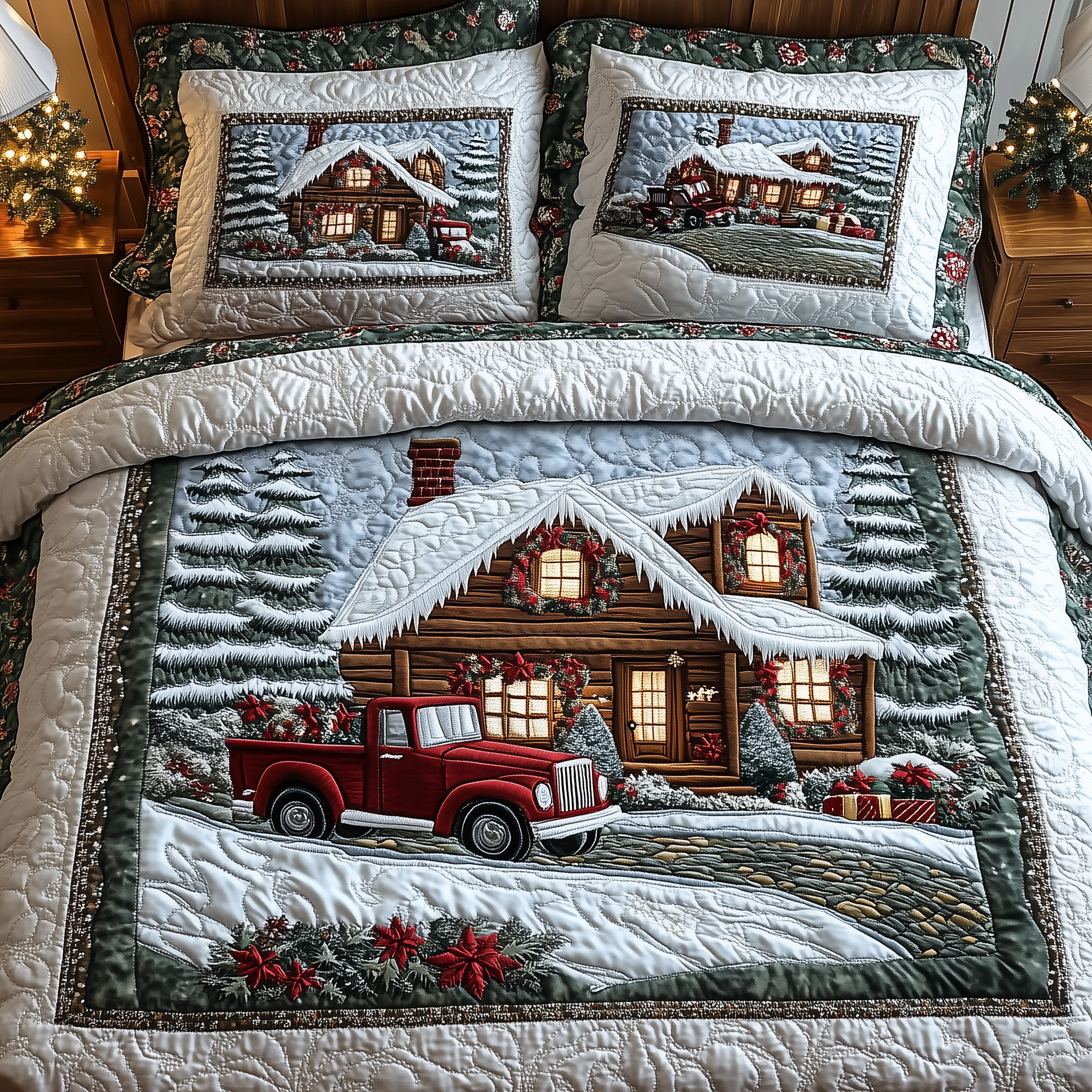 Rustic Winter Cabin Quilted Bedding Set Xmas Bed Sheets Christmas Gifts For Couple