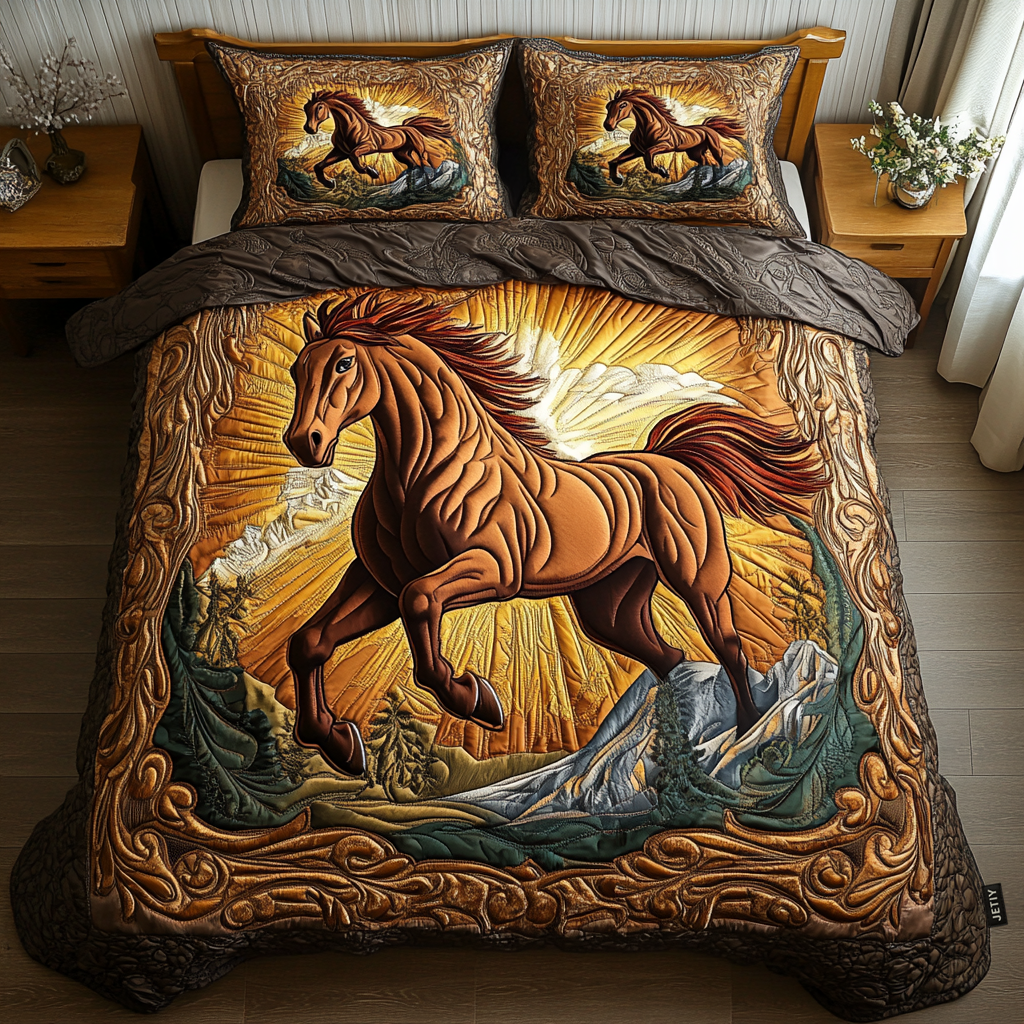 Sacred Hoofprints Quilted Bedding Set Cute Bedsheets Gifts For Horse Racing Fans