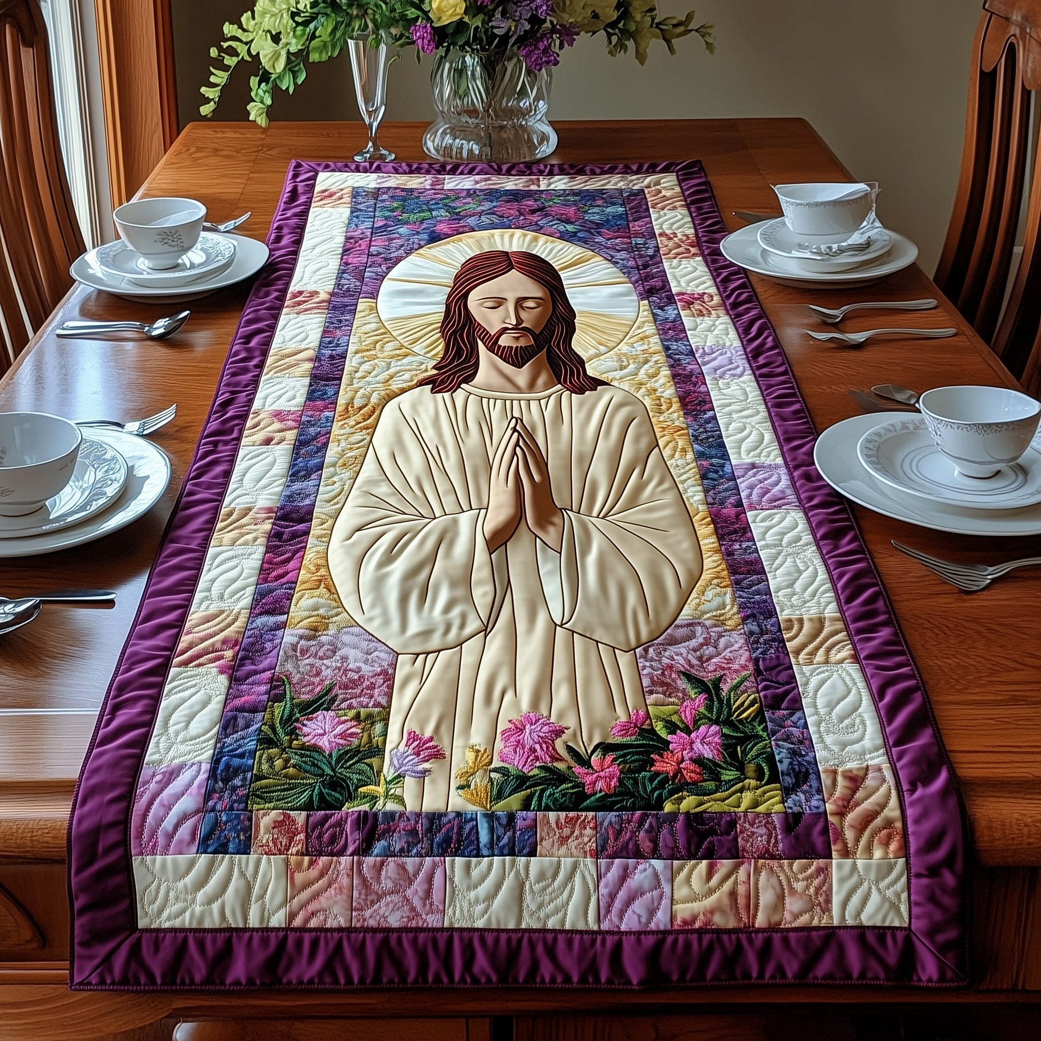 Sacred Moments of Prayer Quilted Table Runner Holiday Table Throw Best Easter Themed Gifts